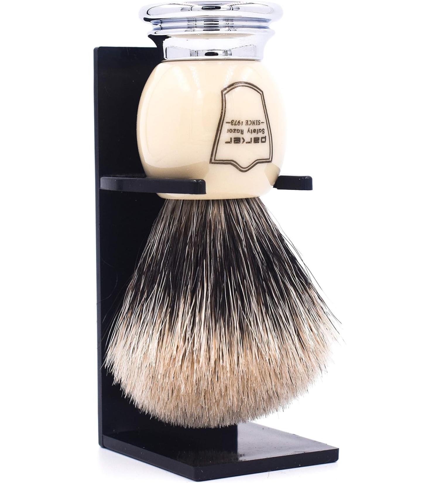 Parker Safety Razor Deluxe Badger Brush with Chrome Handle | Handmade 100% Pure Badger Hair | Ivory Accents - International Shipping Available - Buy Online on GoSupps.com
