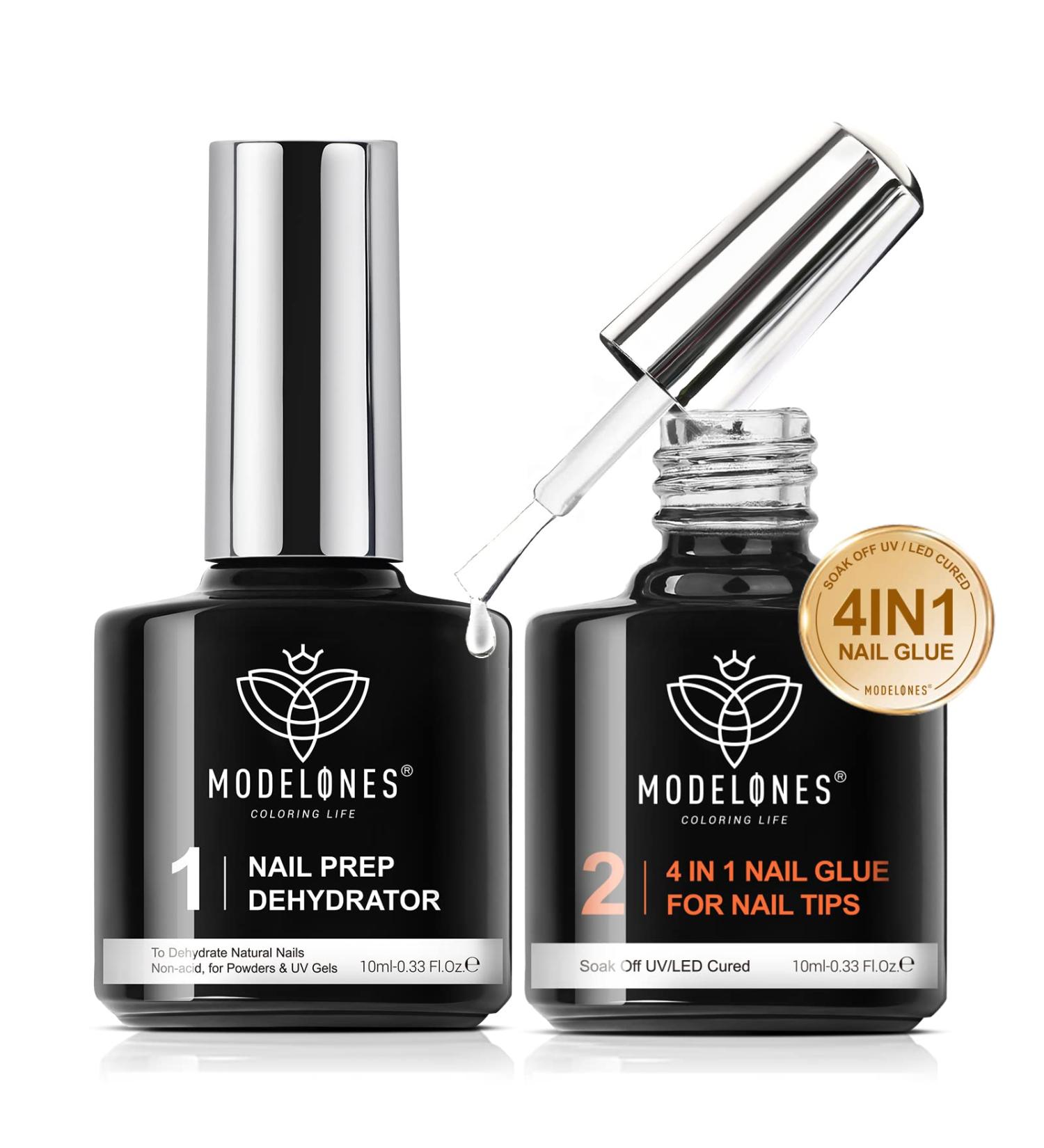 Modelones 4 in 1 Nail Kit: Nail Glue Gel, Dehydrate Gel, Extension Gel Set for False/Acrylic Nails - Long Lasting, Curing Needed - Buy Online on GoSupps.com