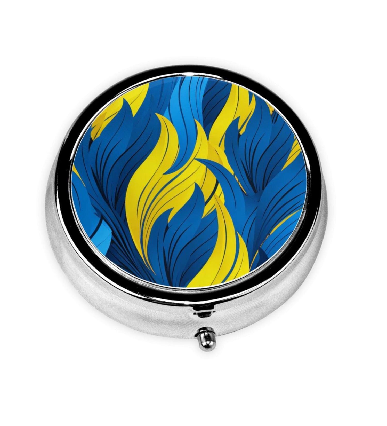 Blue-Yellow Portable Metal Pill Box - Round Mini 3-Compartment Hinged Design for Small Pills - Travel Essential - Buy Online on GoSupps.com