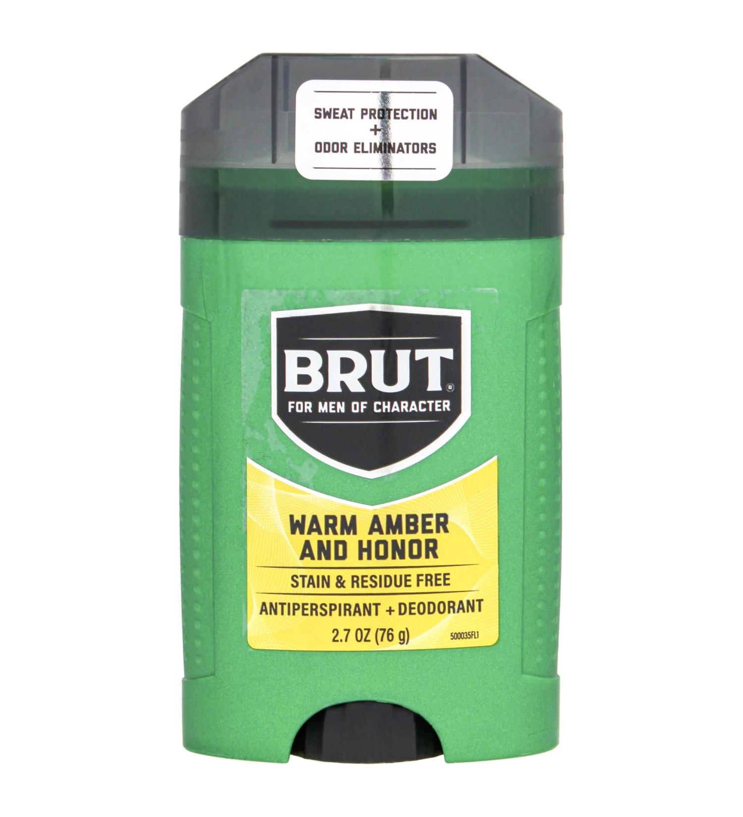 BRUT Warm Amber and Honor Antiperspirant and Deodorant - Scented Deodorant Stick for Men - Powerful Sweat Protection - Eliminates Odors - 2.7 oz