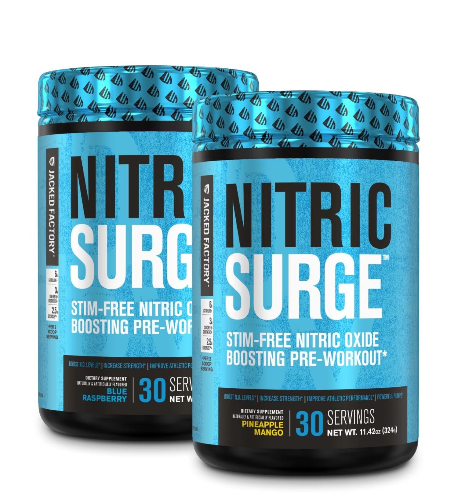 Jacked Factory Nitric Surge Stim Free Pre Workout Powder - Caffeine Free (Blue Raspberry 30 Servings) & (Pineapple Mango 30 Servings) - Buy Online on GoSupps.com