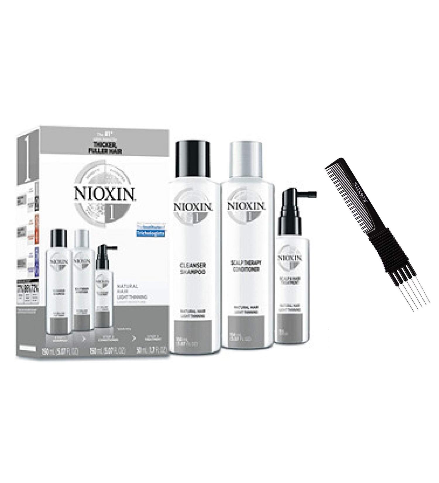 fragile hair NlOXlN System 1 LARGE STARTER KIT for Natural Hair & Light Thinning 3-piece TRIO Kit (w/ Sleek Premium Carbon Teasing Comb) Boost Fine Hair (System 1 LARGE KIT (33 oz + 33 oz + 6.7 oz))