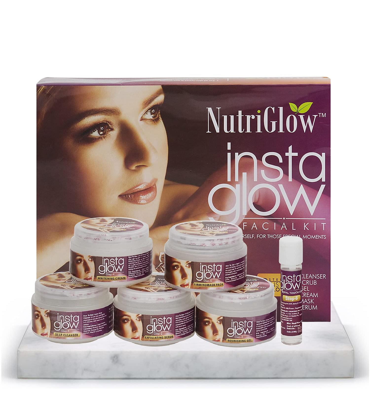 Nutriglow Insta Glow Facial Kit 6-Pieces Skin Care Set with Deep Cleanser Scrub Nourishing Gel Whitening Cream Mask Pack and Serum Acne Prone Tan Treatment for Bright Skin 250 gm + 10 Ml - Buy Online on GoSupps.com