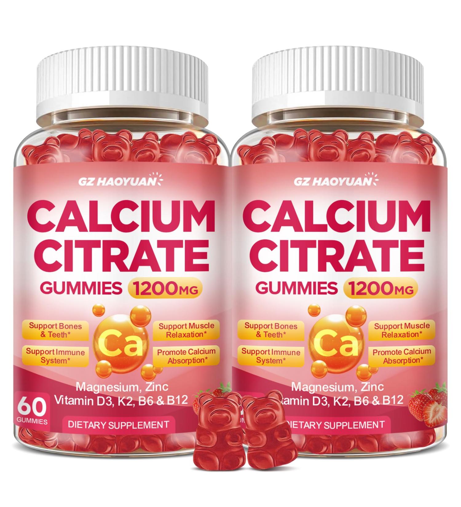 Calcium Citrate Gummies - 1200mg Calcium Gummies Supplements for Women & Men with Vitamin D3 K2 Magnesium Zinc High Absorption for Bone Muscle & Immune Support Strawberry Flavor 120 Count Strawberry 60 Count (Pack of 2) - Buy Online on GoSupps.com