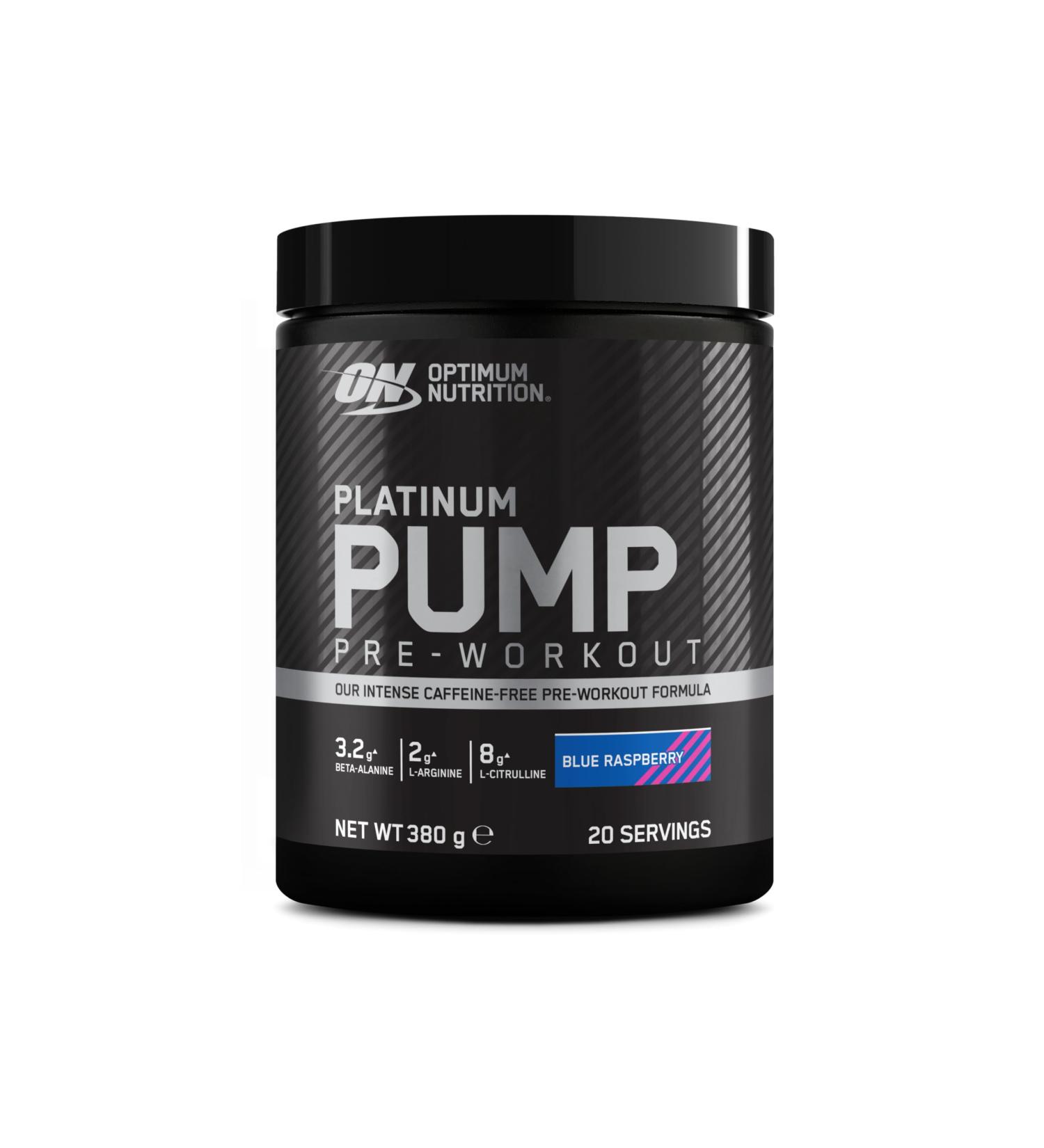 Optimum Nutrition ON Platinum PUMP Pre-Workout Intense and Caffeine-free Dietary Supplement with Fruitflow Beta-Alanine L-Arginine L-Citrulline Blue Raspberry Flavor 20 Servings 380 g - Buy Online on GoSupps.com