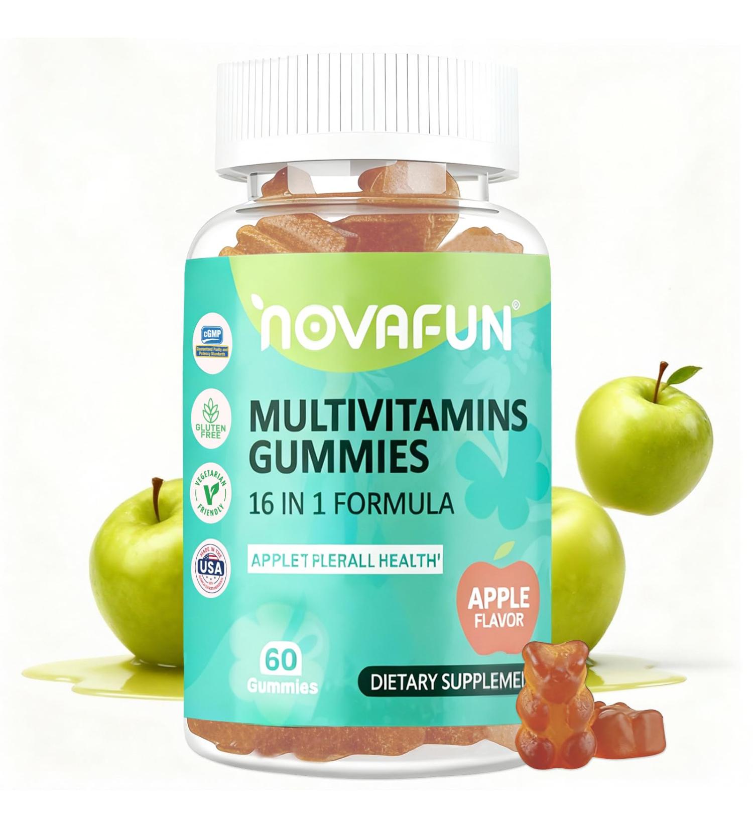 Novafun Multivitamin Gummies 16-in-1 Multi Vitamin Supplements for Women Men & Kids Essential Vitamins & Minerals for Overall Health Vegan Sugar-Free 60 Count - Buy Online on GoSupps.com