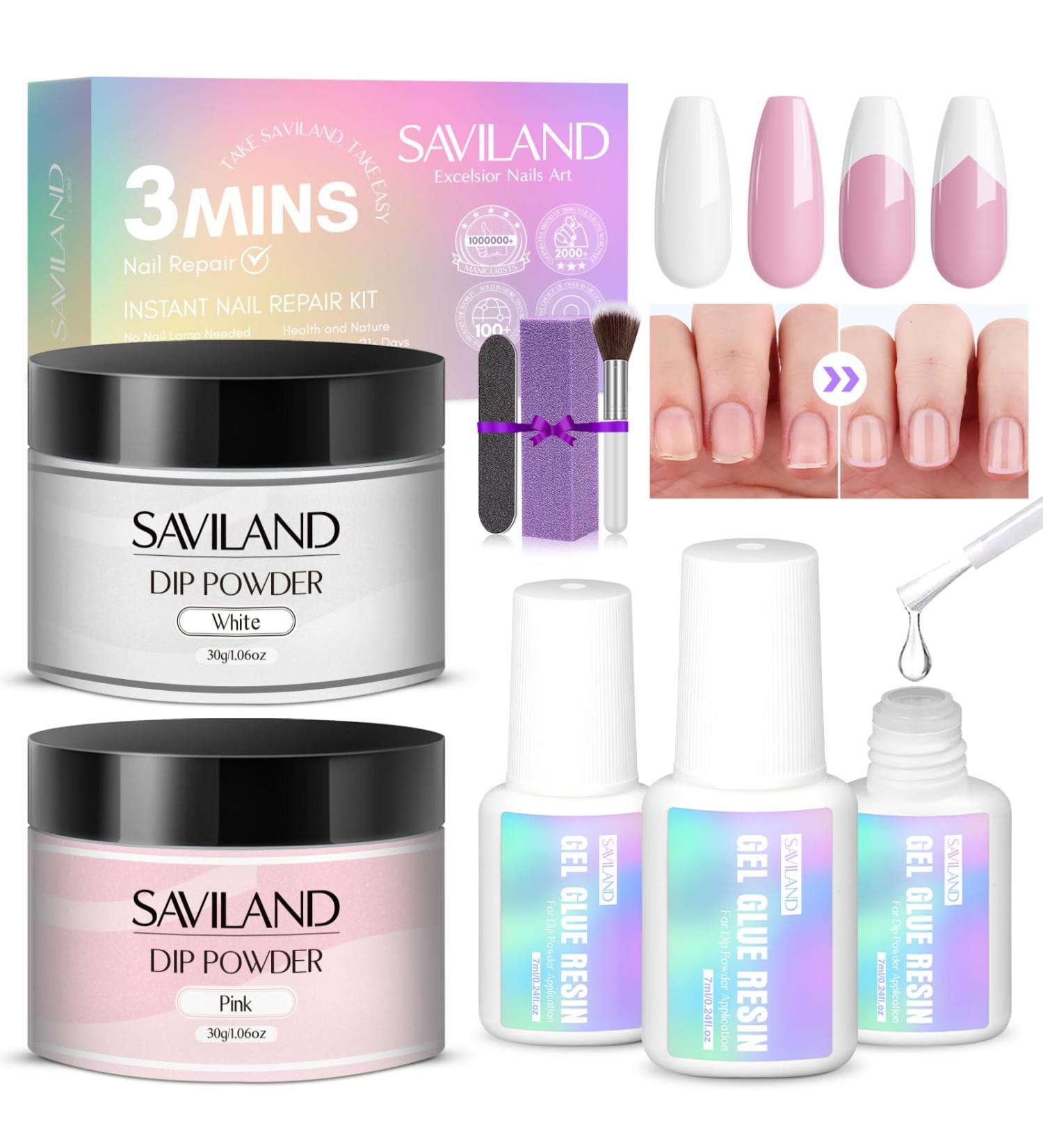Saviland Dip Powder Nail Kit - 3 Mins Repair, Air Dry, Pink & White Dipping Powder for Broken Nails | Nail Glue, File, Dust Brush - Nail Repair Treatment - Buy Online on GoSupps.com