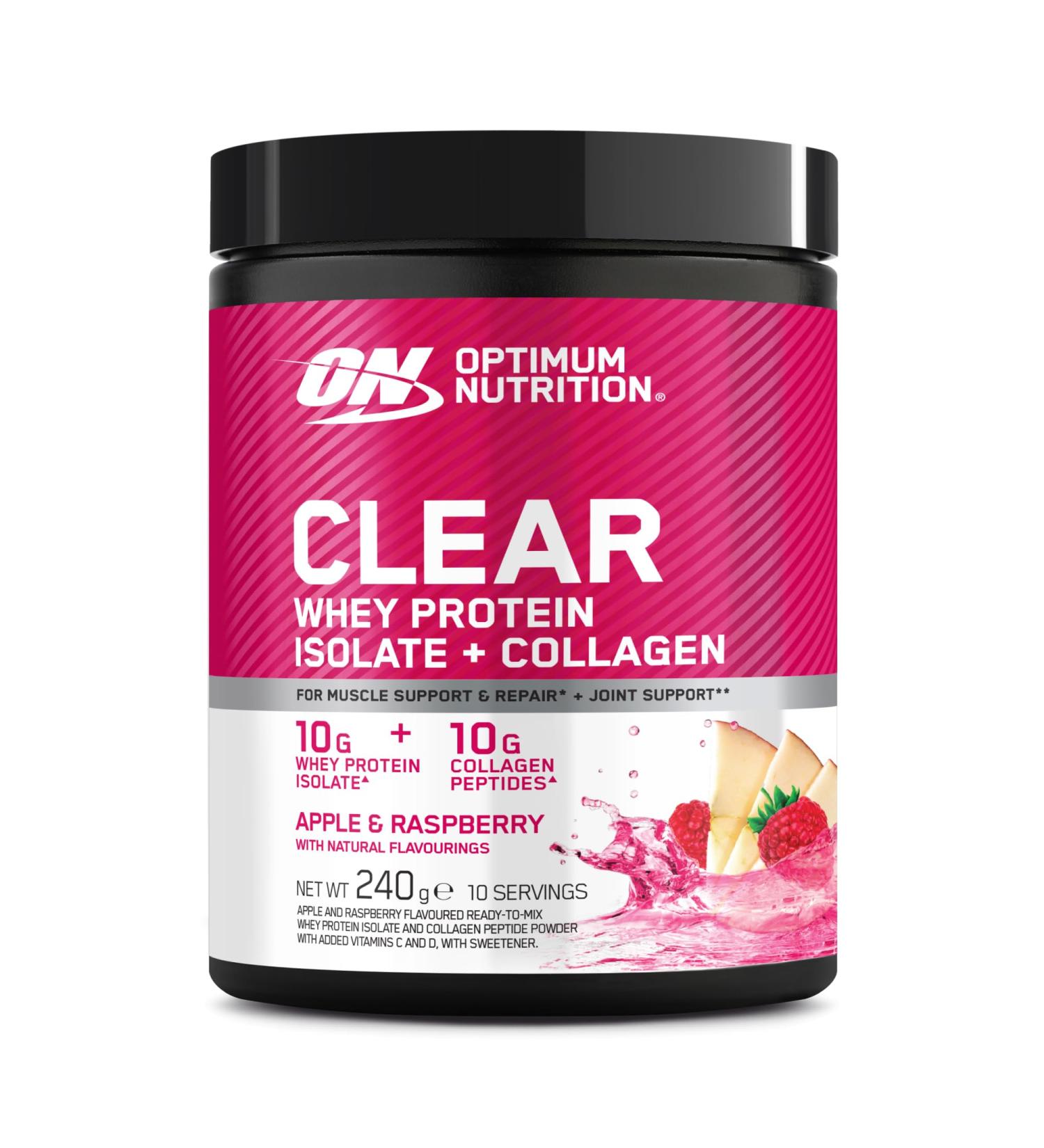  Optimum Nutrition Optimum Nutrition Clear Whey + Collagen Apple & Raspberry 10g Whey Isolate and 10g Collagen Peptides per Serving Drink - Buy Online on GoSupps.com