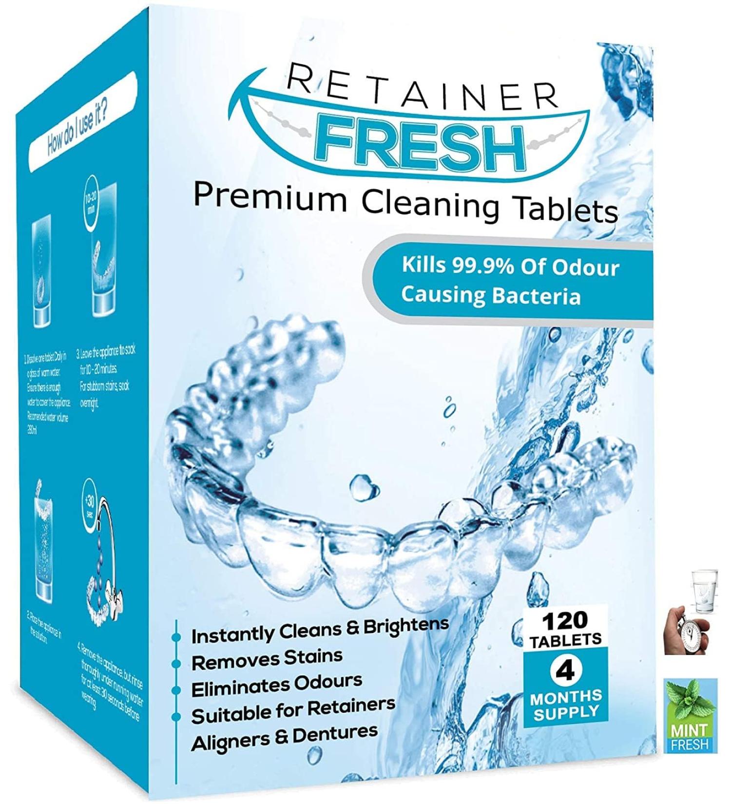 Retainer Cleaning Tablets - 120 Count for 4 Months Supply - Stain-Free & Fresh Brite - Cleaner for Retainer, Mouth Guard, Dentures, Aligners - Buy Online on GoSupps.com