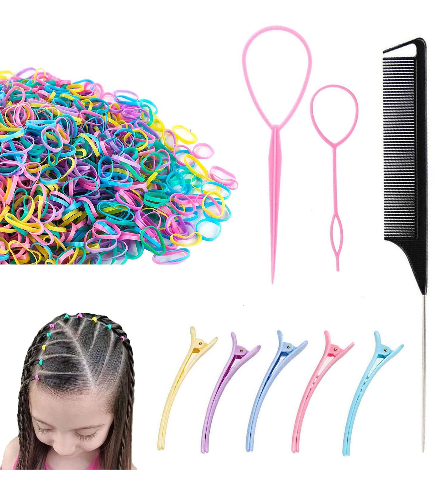 1000Pcs Small Elastic Rubber Hair Bands Set with Loop Styling Tool for Girls and Women - Includes 2 Topsy Hair Tail Tools, 1 Rattail Comb, and 5 Duckbill Clips - Braids Accessories Type 20 - Buy Online on GoSupps.com