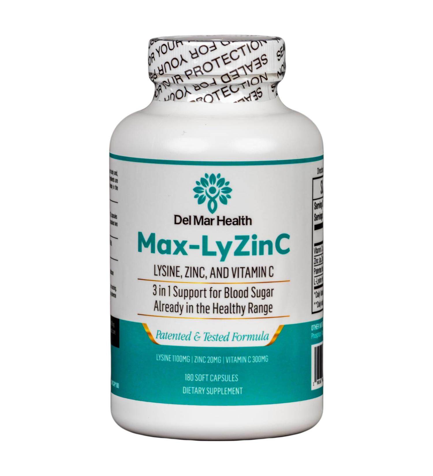 Max-LyZinC 3-in-1 Supplement: L-Lysine 1100mg Zinc 6mg & Vitamin C 100mg for Blood Sugar Support - 180 Capsules - Buy Online on GoSupps.com