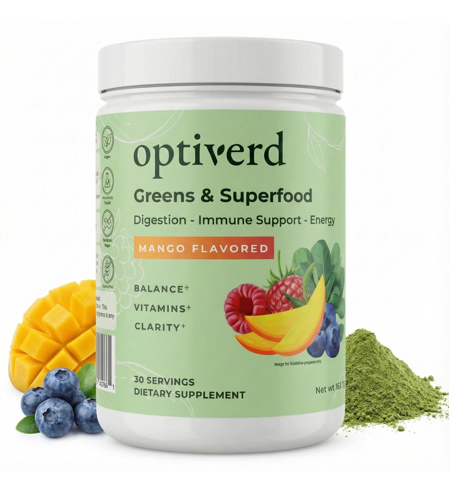 optiverd Greens Superfood Powder with Probiotics & Enzymes Detox Gut Health Energy & Immune Support Organic Vegan Gluten-Free 30 Servings Mango Flavor - Buy Online on GoSupps.com