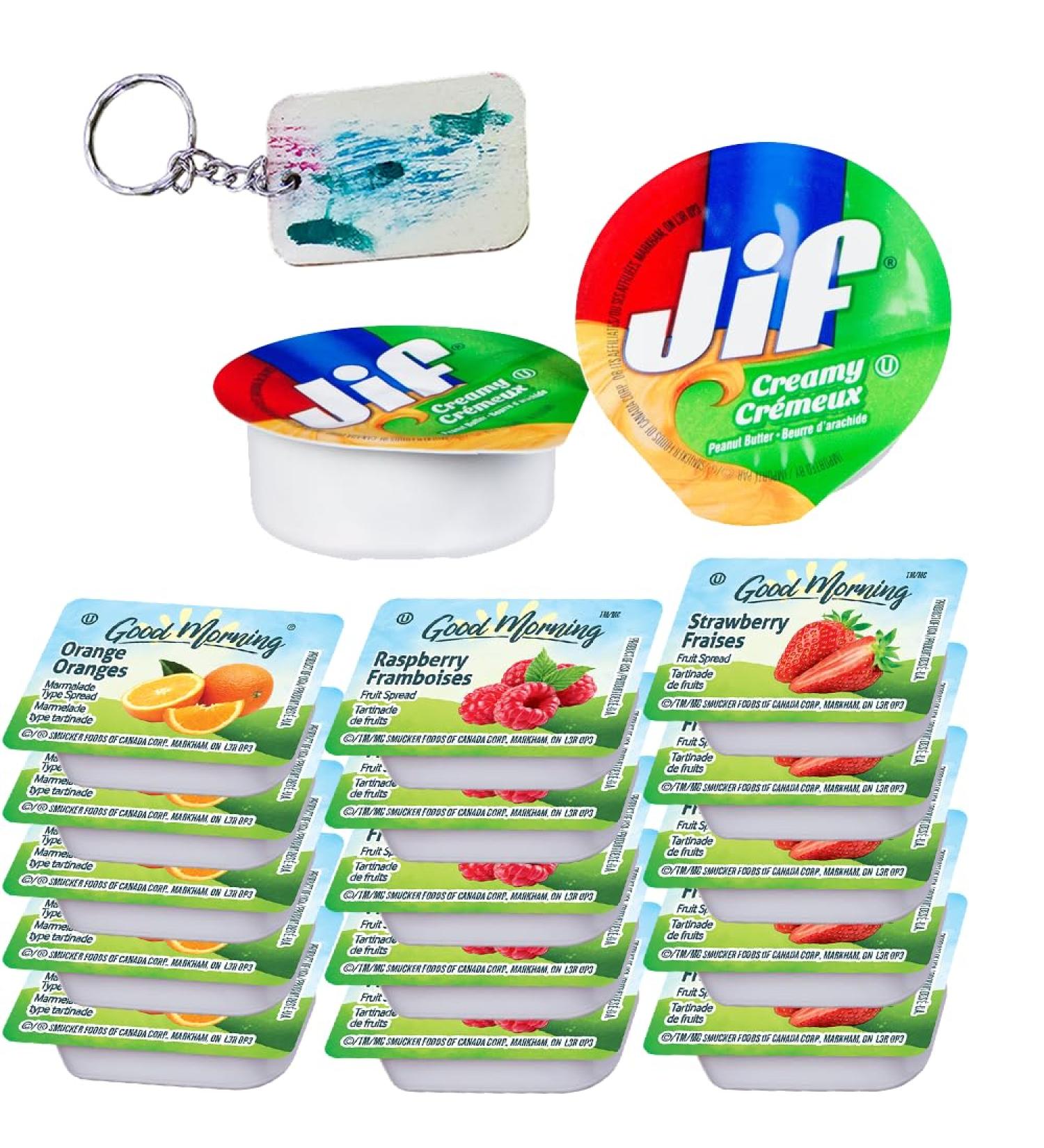 Good Morning Trio of Peanut Butter and Jam Bliss - 15 Jif Peanut Butter 5 Strawberry jelly 5 Raspberry Jelly and 5 Orange Marmalade Spread - On-The-Go Portion Control Pack for Travelers & Meal Prep 30 Cups Total - Comes with a one of a kind Keychain by Pa - Buy Online on GoSupps.com