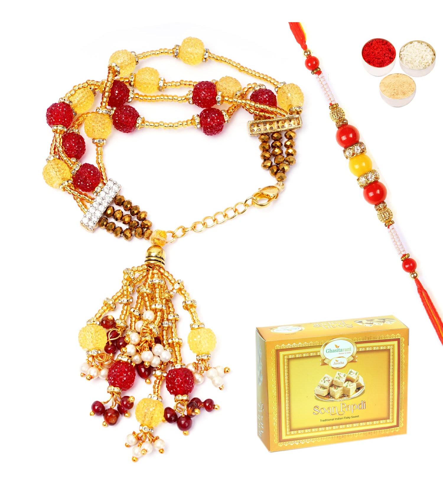 Ghasitaram Gifts Rakhis Online - Rakhi for Brother-RM-205 Bhaiya Bhabhi Rakhi with 200 GMS of Soan Papdi Rakhi Set with 200 gms of Soan Papdi - Buy Online on GoSupps.com