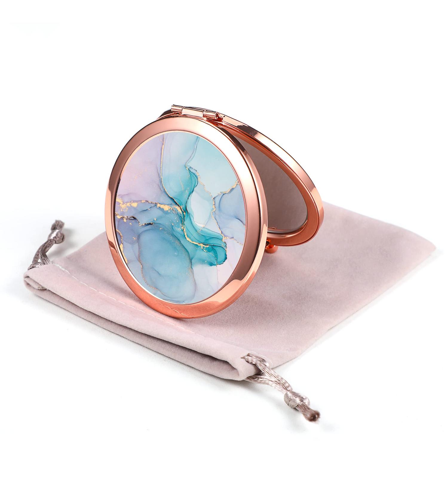 Rose Gold Compact Mirror - Double-Sided 2x/1x Magnification, Portable Hand Mirror for Women and Girls - Blue Marble Design - Great Gift Idea - Buy Online on GoSupps.com