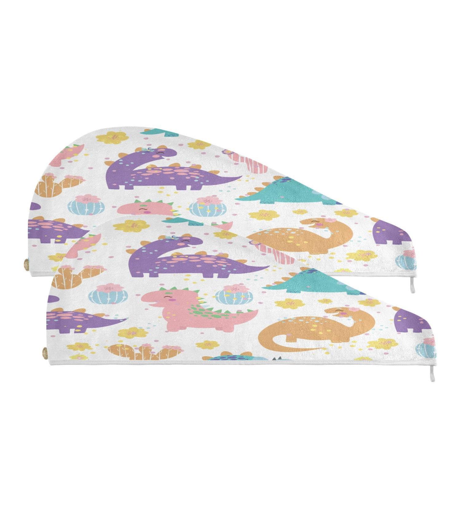 Cute Cartoon Dinosaurs Dry Hair Cap Set | 2-Piece Quick Drying Towel & Button Headband | Super Absorbent & Soft Drying Solution - Buy Online on GoSupps.com