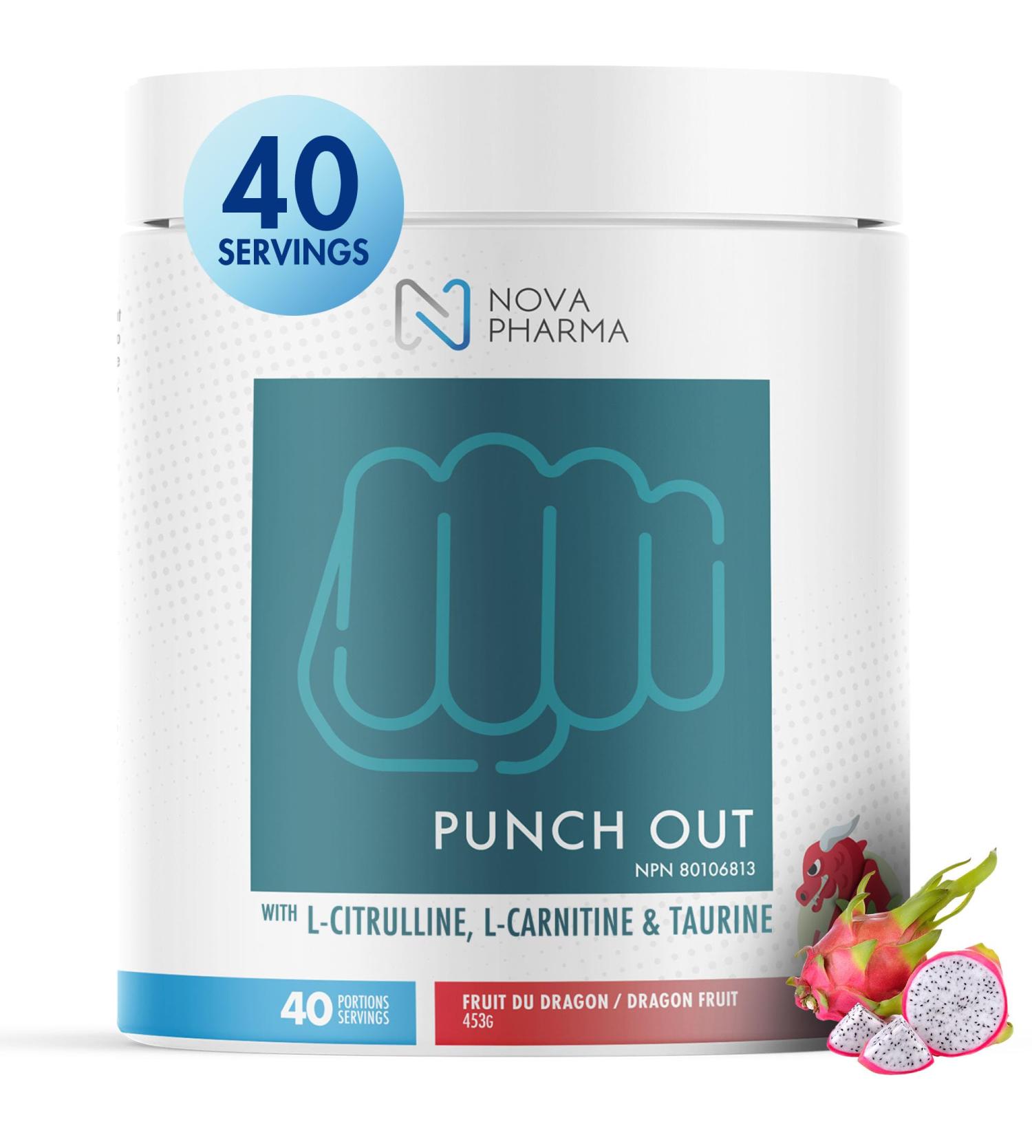 Nova Pharma Punch Out Pre Workout Powder L-Carnitine and Antioxidant-Rich Pre Workout Supplement Boost Stamina and Endurance for Gym Training and Workouts - 40 Servings (Dragon Fruit) - Buy Online on GoSupps.com