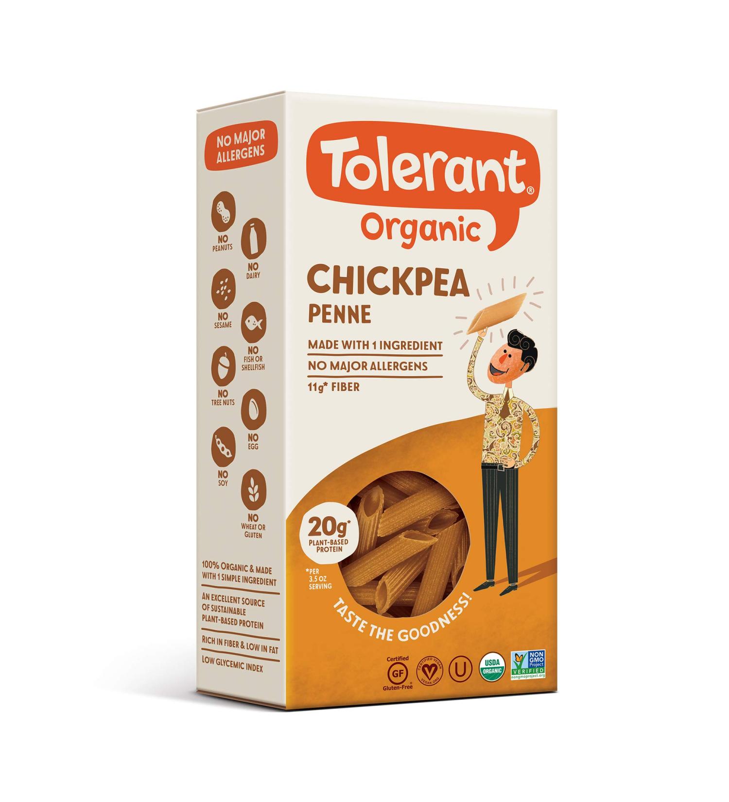 Tolerant Organic Gluten Free Chickpea Penne Pasta - 8 oz Box | Plant Based Protein, Vegan, Single Ingredient, Clean, Low Glycemic Index - Buy Online on GoSupps.com