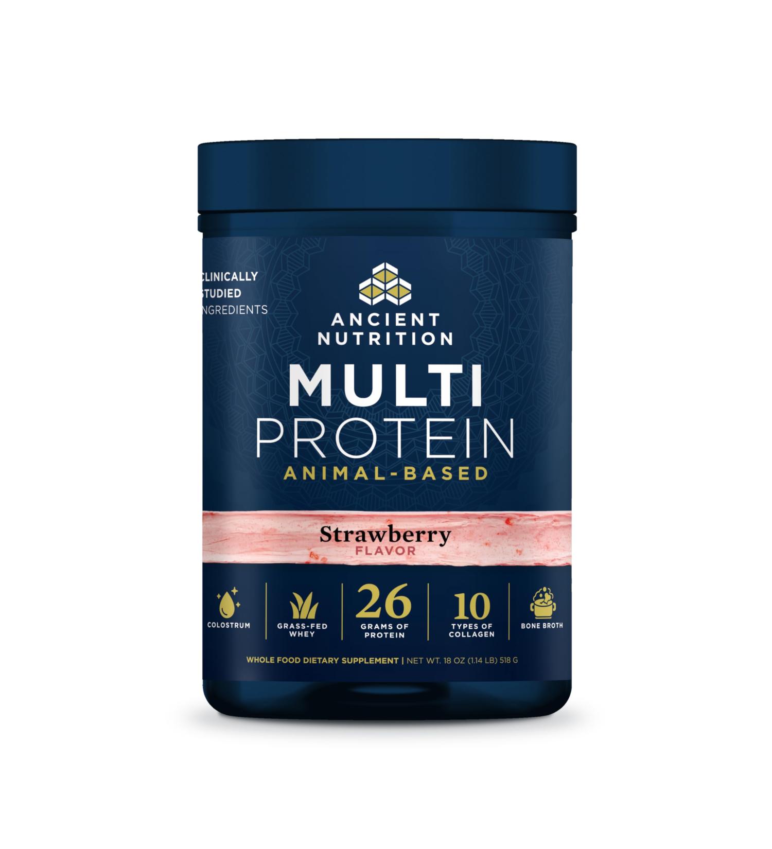 Ancient Nutrition Multi Protein Animal Based Powder 26g Protein Grass Fed Whey Bone Broth Collagen Peptides Colostrum & Probiotics Supports Joint & Gut Health Strawberry 15 Servings - Buy Online on GoSupps.com