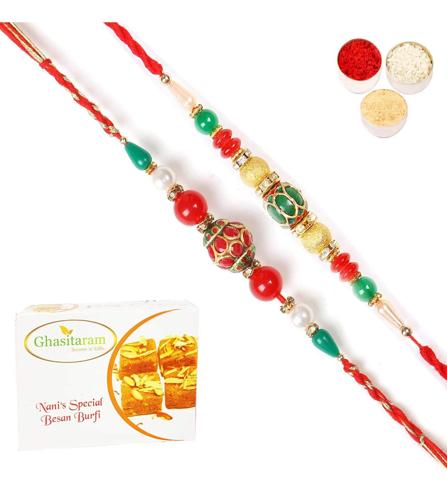 Ghasitaram Gifts Rakhi for Brother Rakhis Online - Set of 2 268 270 Fancy Rakhis with 400 GMS of Besan Barfi - Buy Online on GoSupps.com