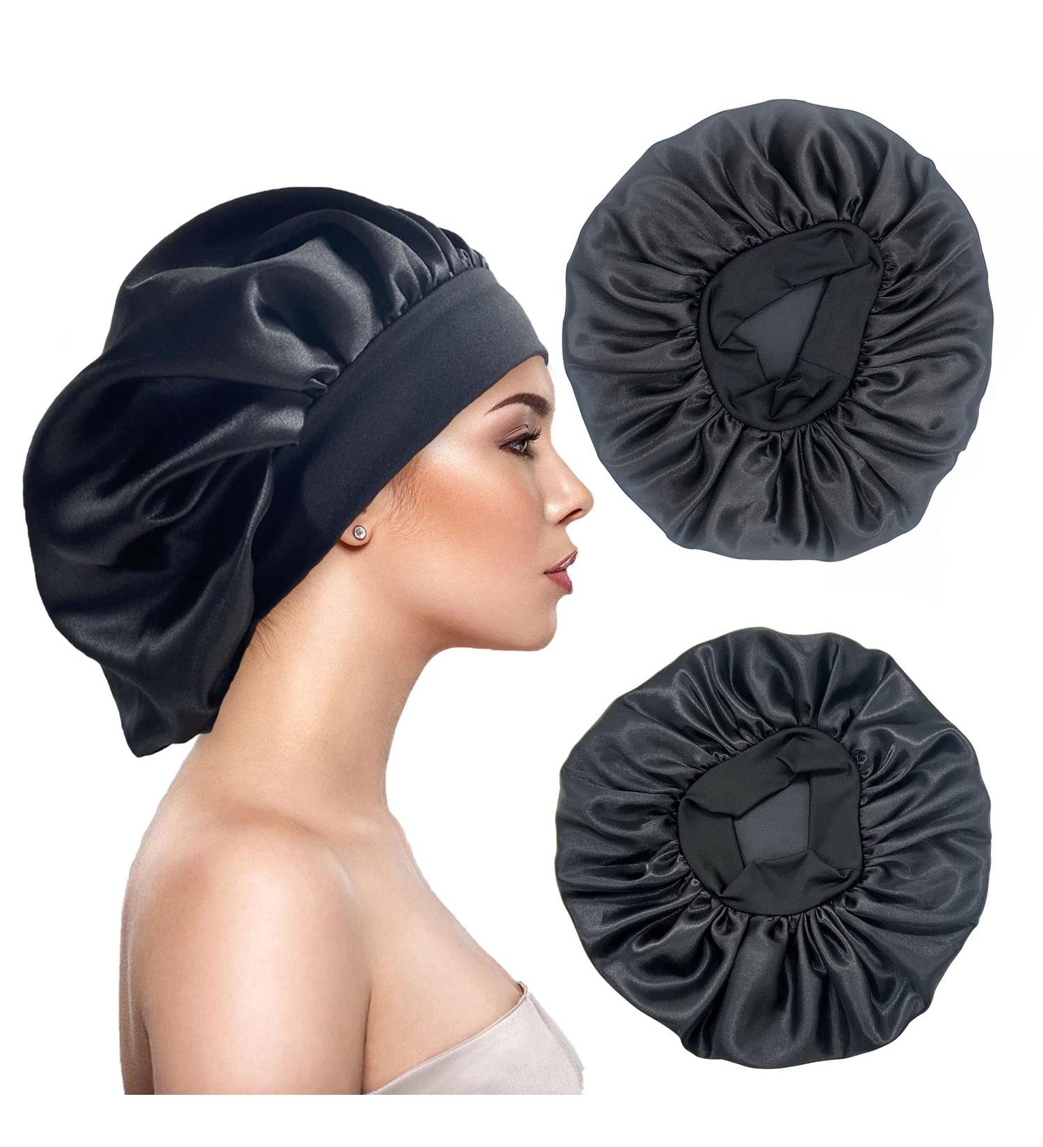 Eupinduo Satin Sleeping Cap Bonnet - 2 Pieces Curly Hair Hood for Night Use | High Elastic & Soft Sleep Caps in Black - Buy Online on GoSupps.com