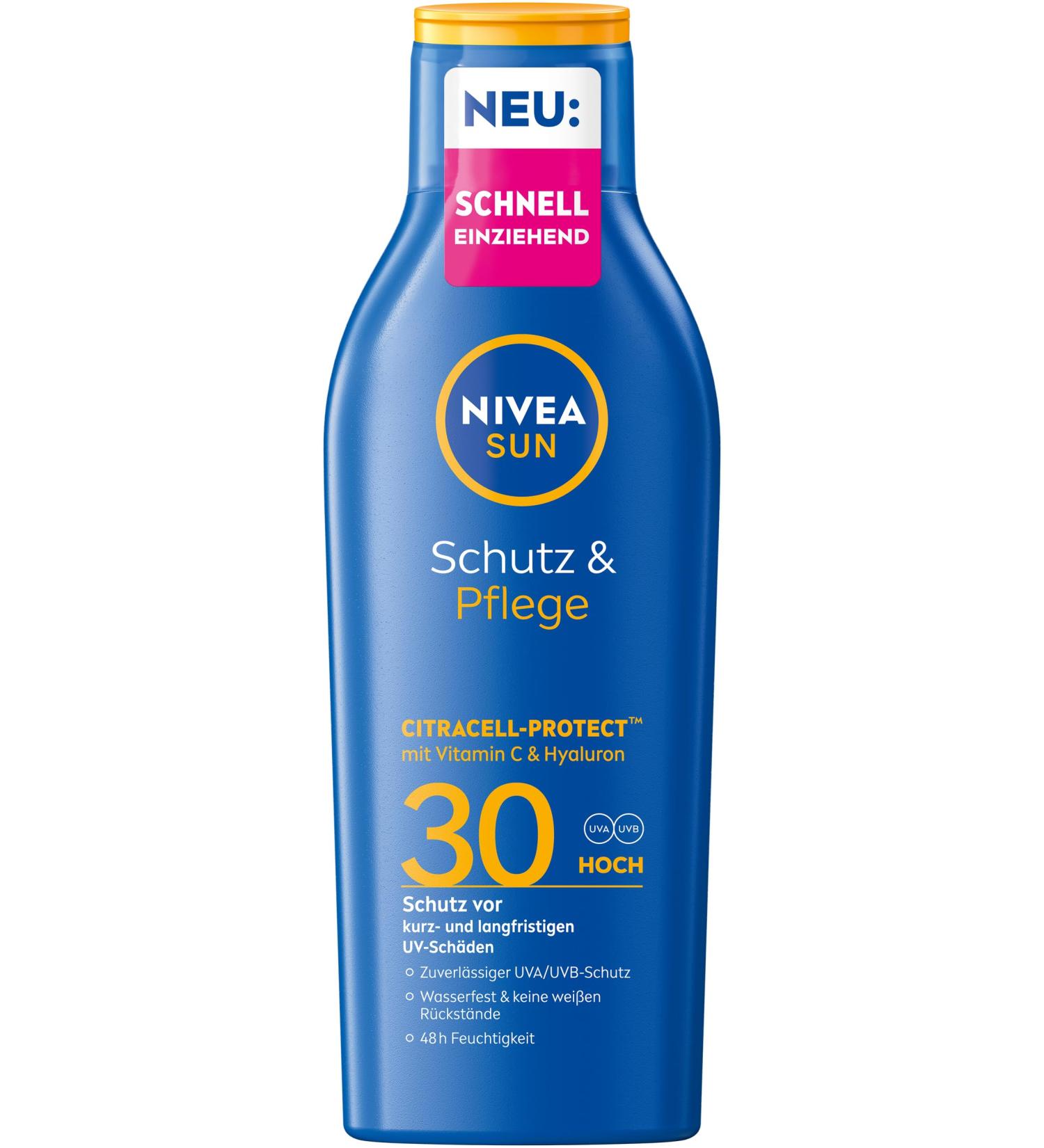 Beiersdorf NIVEA SUN Protection & Soin Sun Lotion SPF 30 Waterproof Sun Protection with Vitamin C and Hyaluronic Acid Fast Absorbing for 48 Hours of Hydration Without White Film (200ml)