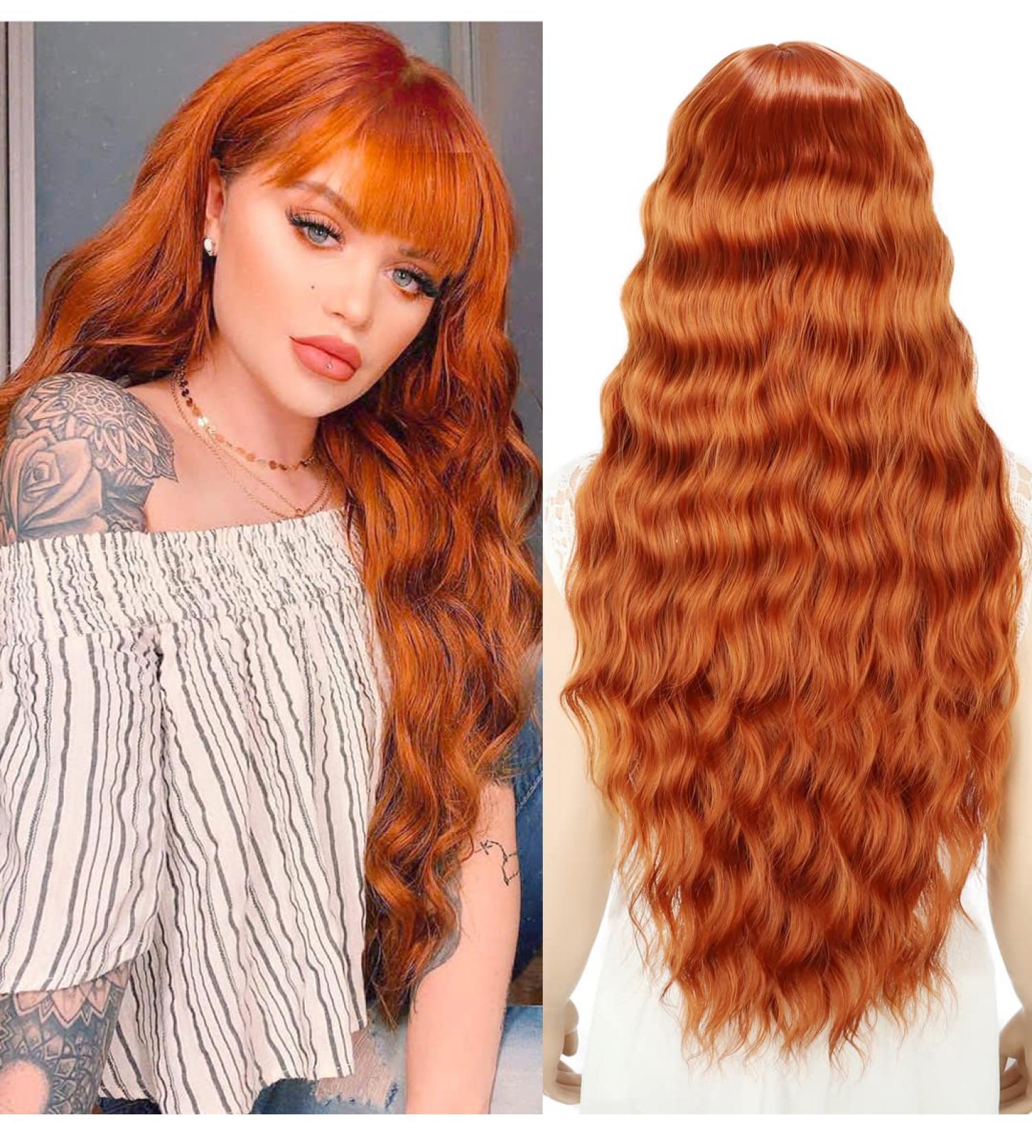 YEESHEDO Ginger Long Hair Wigs | Natural Curly Wavy Synthetic Wig with Fringe | 28 Copper Red Orange Wig for Parties and Cosplay - Buy Online on GoSupps.com