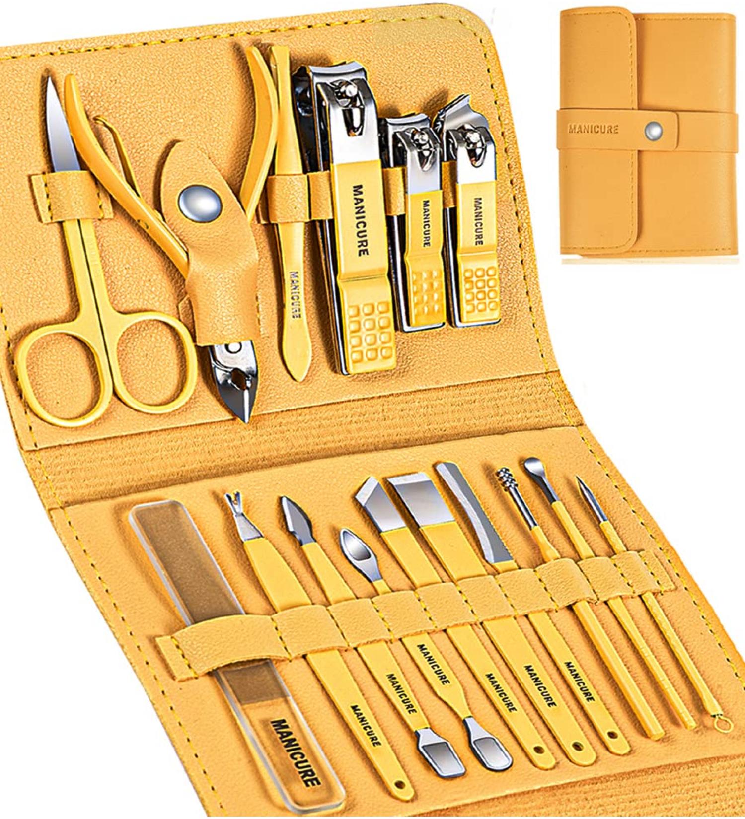 Sumwitum 16-Piece Manicure Set - Stainless Steel Nail Care Kit with Leather Case - Perfect Gift for Women, Men, Friends, and Parents (Yellow) - Buy Online on GoSupps.com