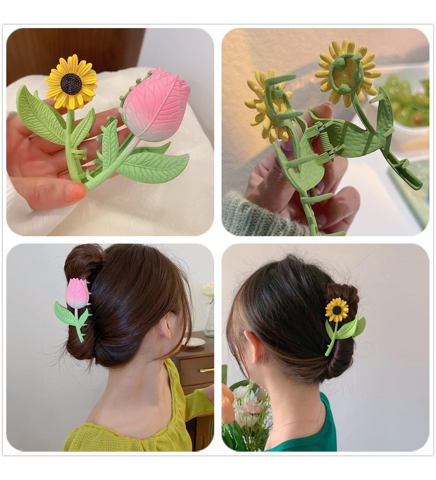 Sunflower Tulip Style Large Hair Claw Clips 2Pcs - Strong Hold Jaw Clamps for Women Girls - Buy Online on GoSupps.com
