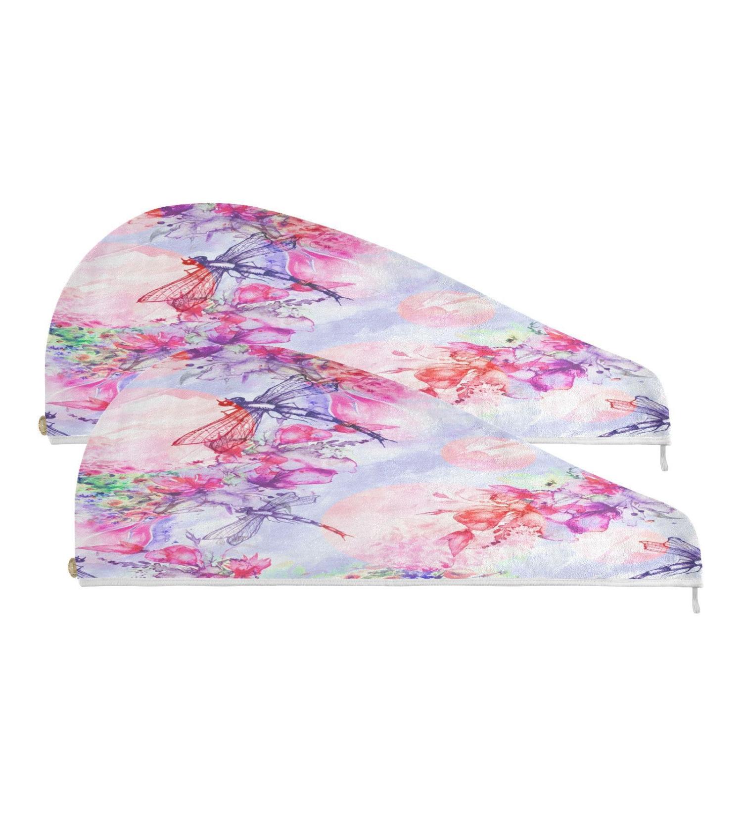 Watercolor Dragonfly Dry Hair Cap Set | 2-Piece Quick Drying Towel & Button Headband - Super Absorbent Soft & Comfortable - Buy Online on GoSupps.com