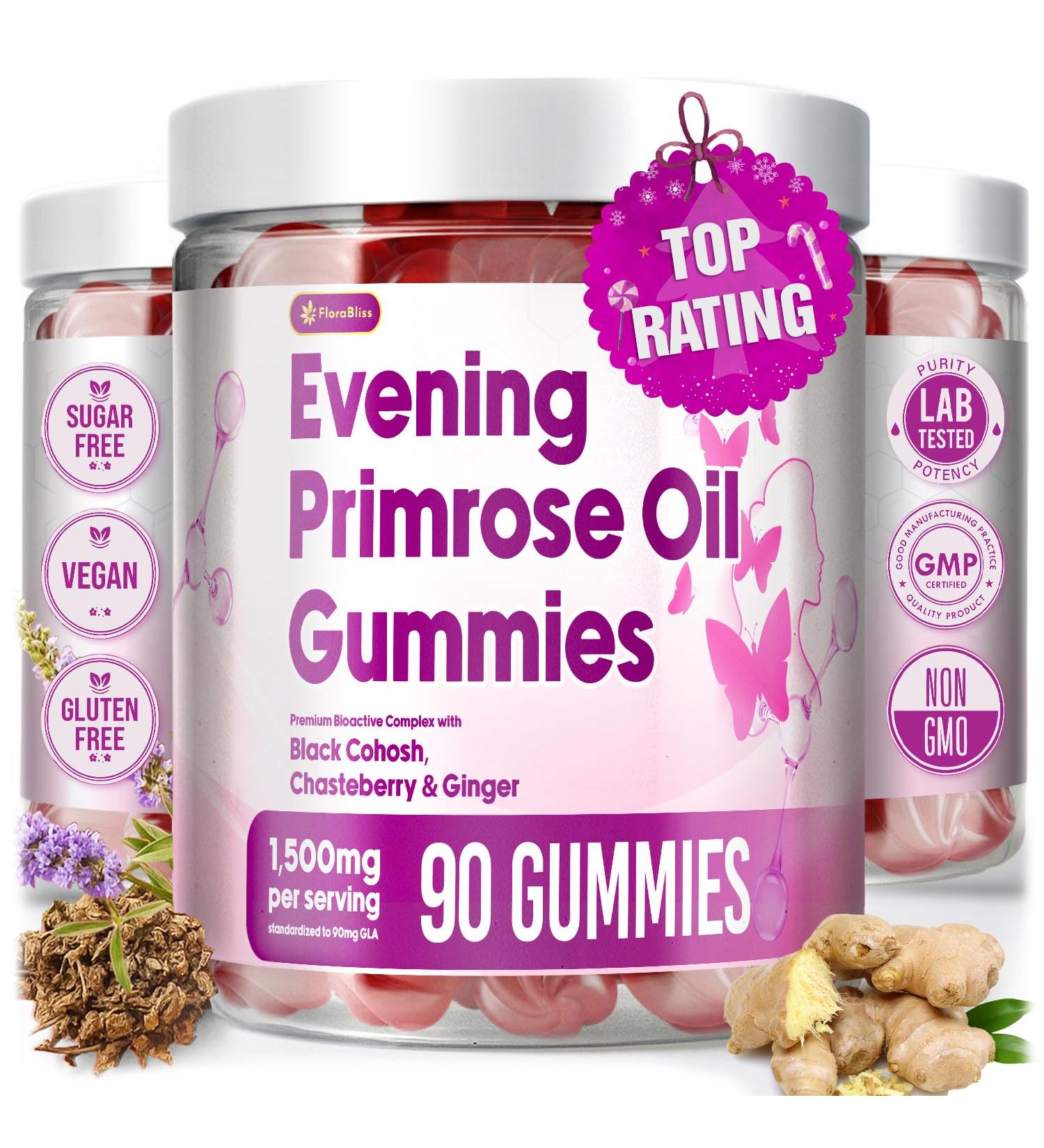 FloraBliss 90 Evening Primrose Oil Gummies | 1500mg | with Black Cohosh, Chasteberry, Ginger Extract for Daily Women's Wellness Support | Vegan, Non-GMO, Sugar-Free - Buy Online on GoSupps.com