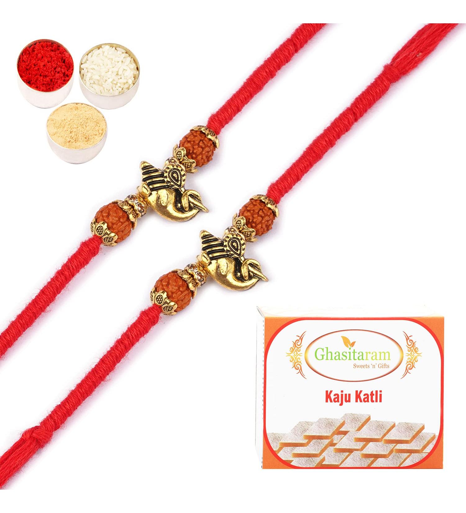 Ghasitaram Gifts Rakhi for Brother Rakhis Online - Set of 2 - LD-9017 Ganesha Rudraksh Rakhi with 200 GMS of Kaju katli - Buy Online on GoSupps.com