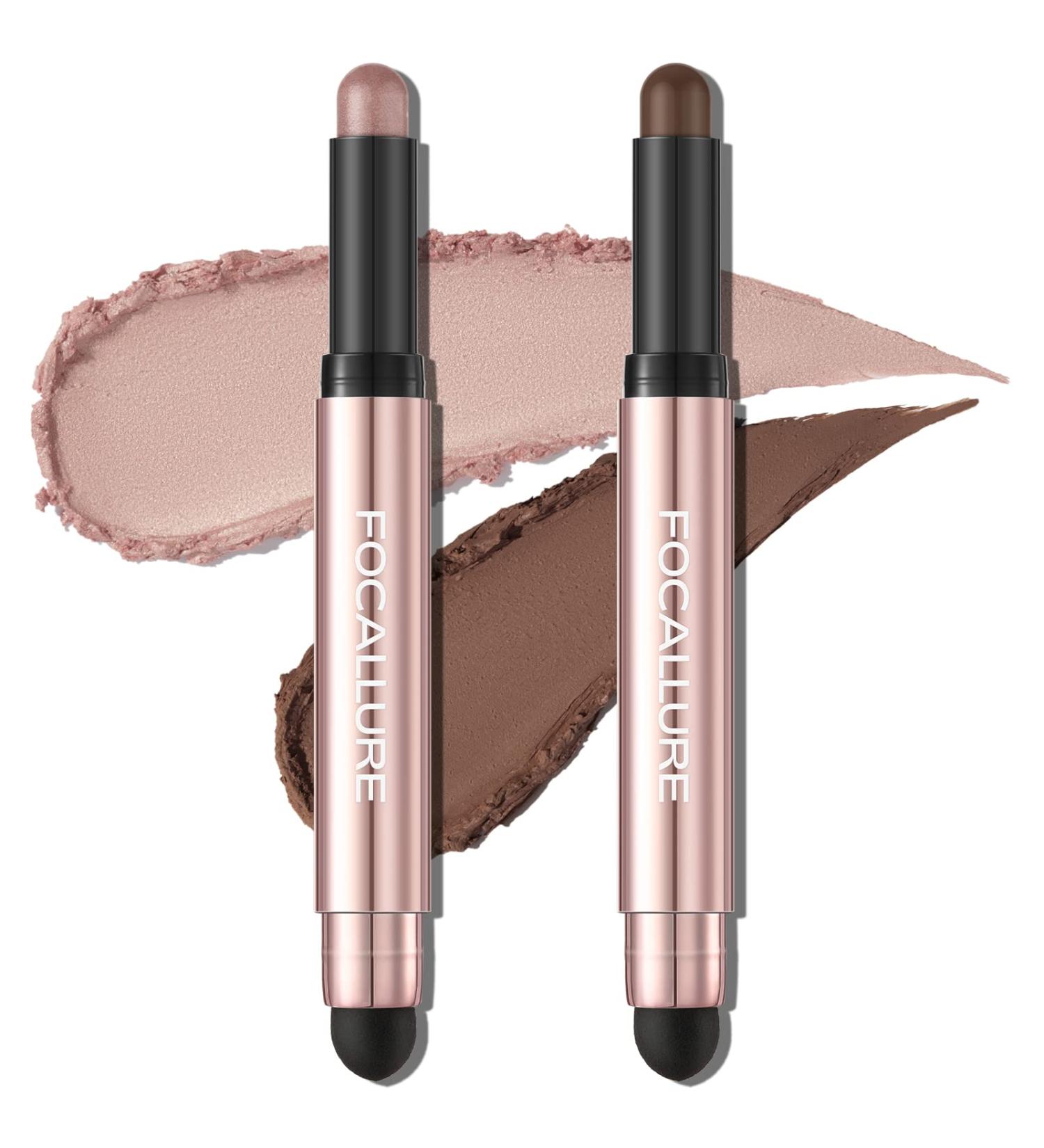 FOCALLURE 2PCS Eyeshadow Stick Set - Shimmer & Matte Cream Pencil Crayons | Long Lasting, Waterproof, Brightening Eye Makeup | With Blending Brush - Buy Online on GoSupps.com