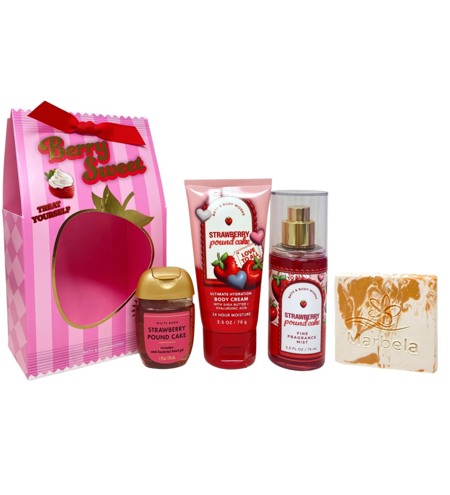 Bath & Body Works Strawberry Pound Cake Berry Sweet Travel Gift Set - Fine Fragrance Mist - Ultimate Hydration Body Cream - Hand Gel - with a Peach Gardenia Sample Soap - Travel Size - Buy Online on GoSupps.com