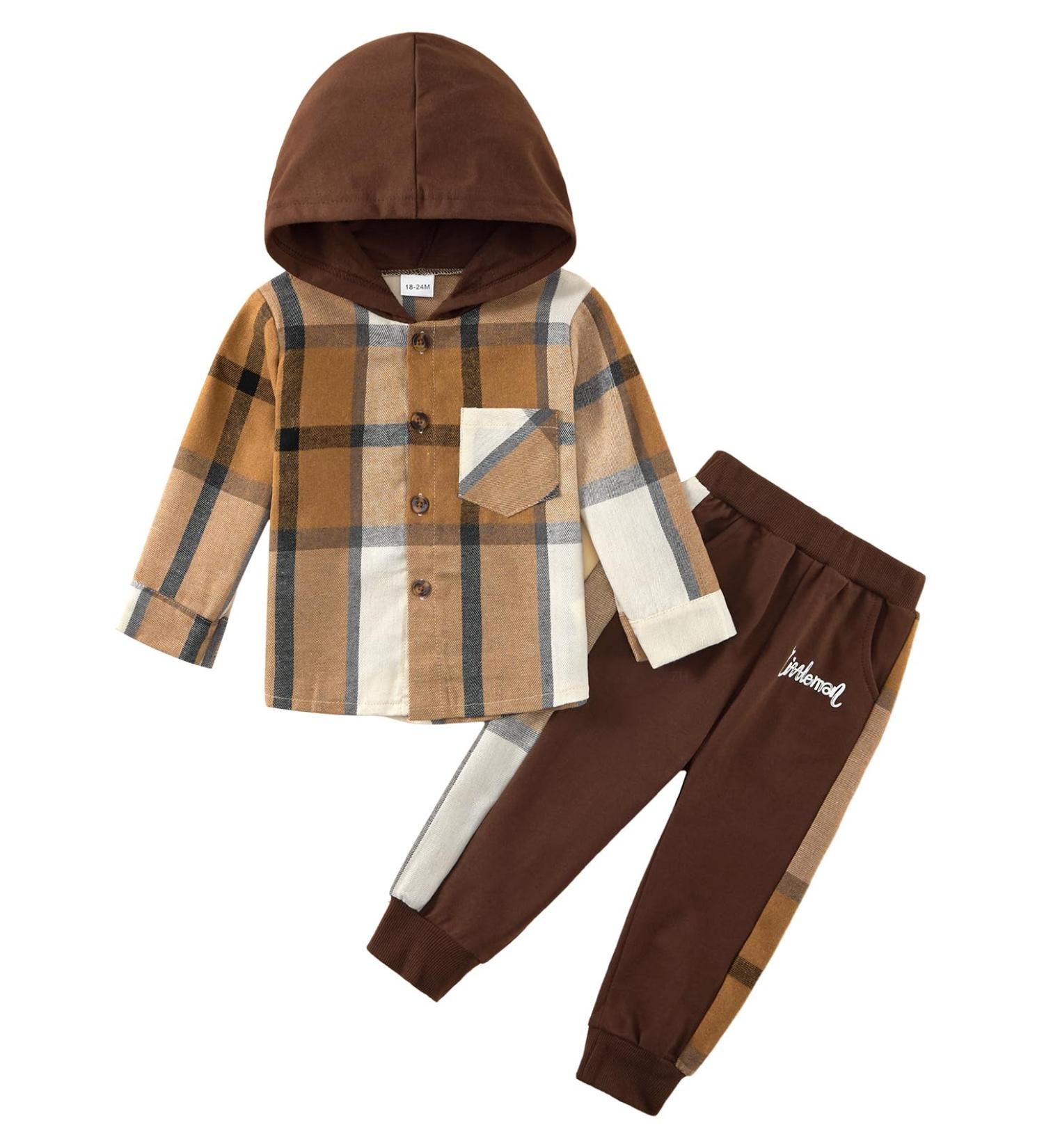 Naiyafly Toddler Boys Hoodie Plaid Sweatshirt + Pants Set | Kids 2-3 Years Khaki Outfit - Buy Online on GoSupps.com