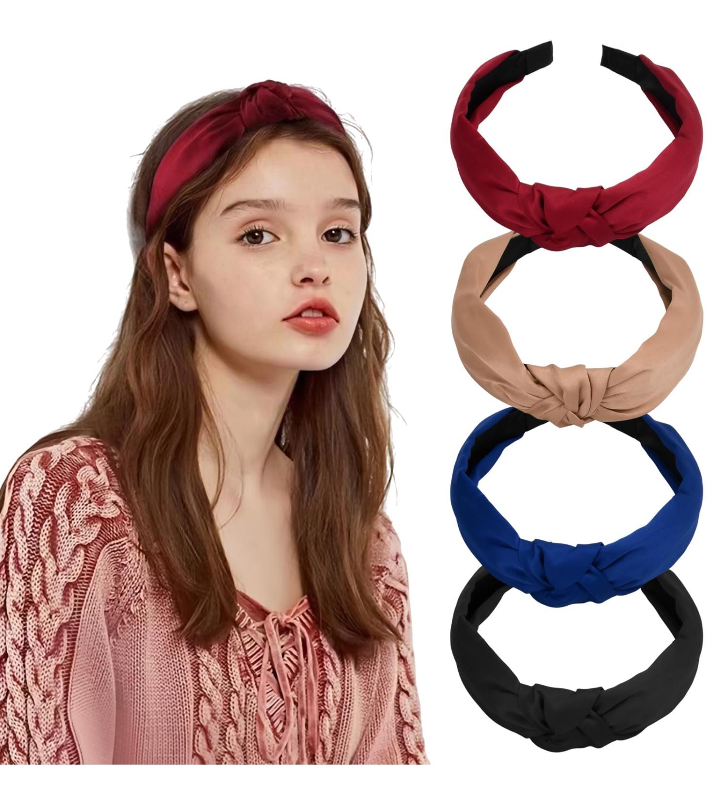 4 Pieces Headbands for Women Boho Wide Knot Hair Band Elastic Hair Hoop Plain Elastic Head Wrap Vintage Style Fabric Hair Band Accessories for Women and Girls - Buy Online on GoSupps.com