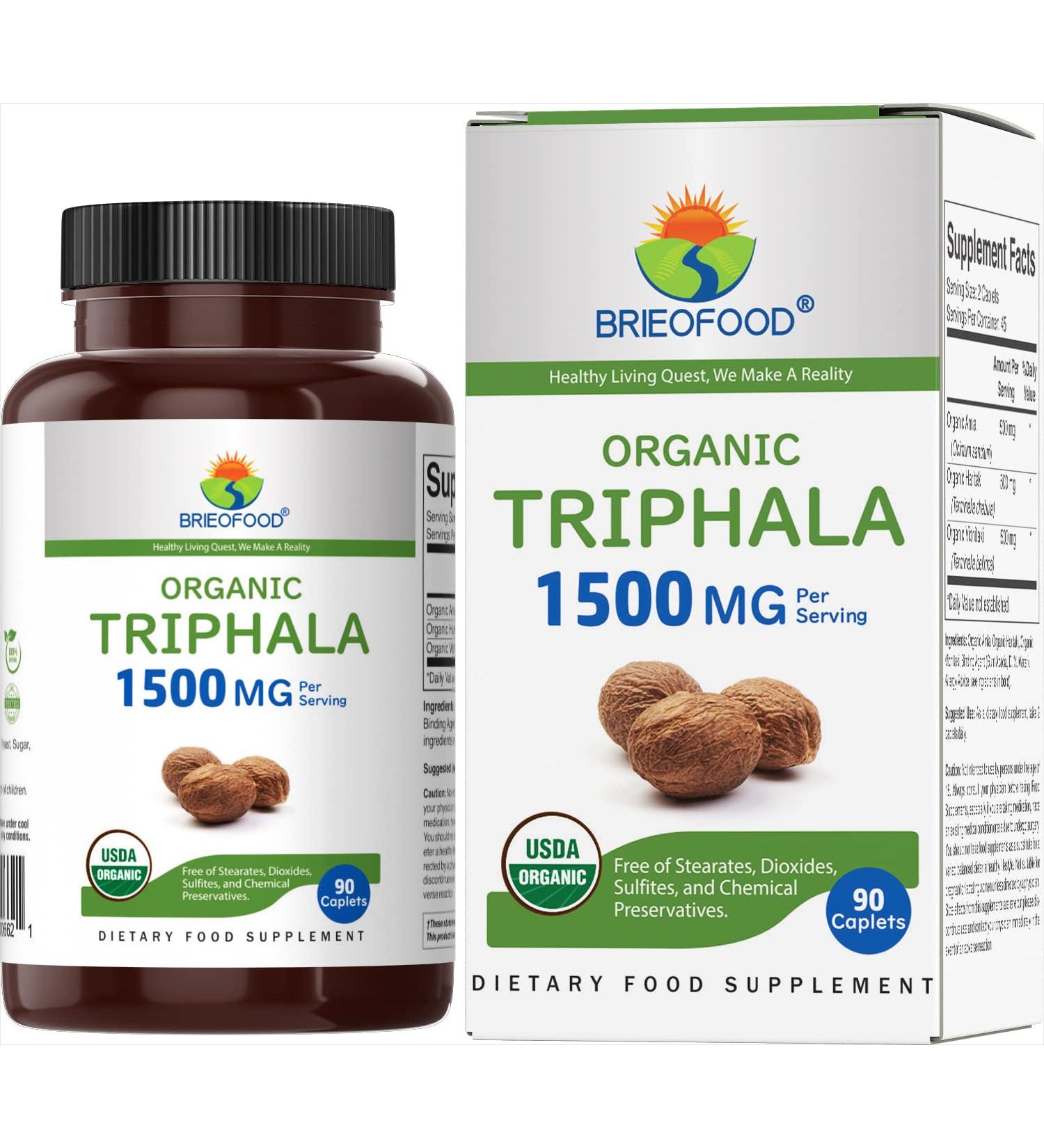 Brieofood Organic Triphala 1500mg - 45 Servings - Vegetarian & Gluten Free - 90 Tablets - Buy Online on GoSupps.com