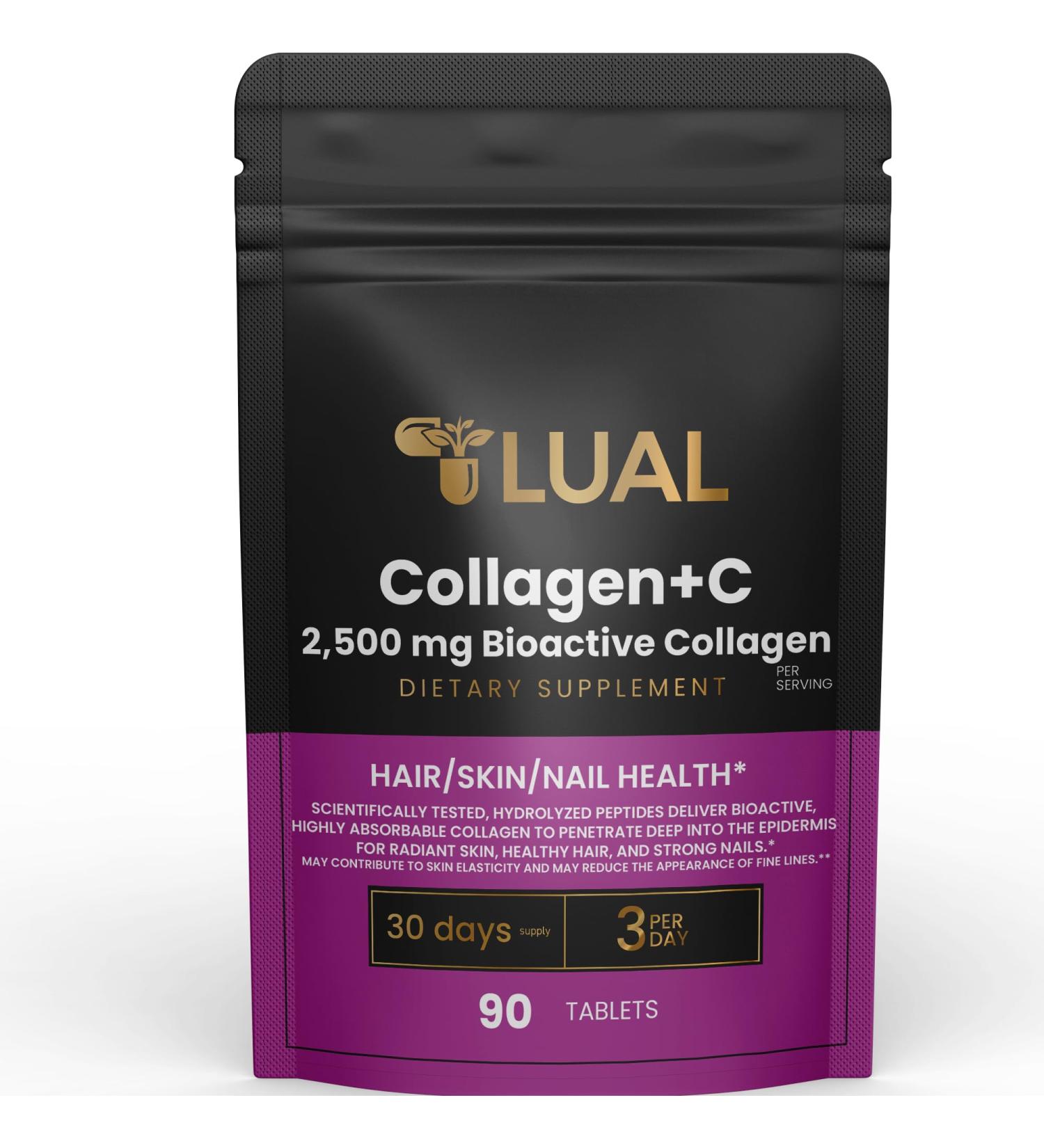 LUAL Collagen Plus Vitamin c | Collagen + Vitamin C 60 mg Collagen + C Tablets 2 500mg 90 Tablets