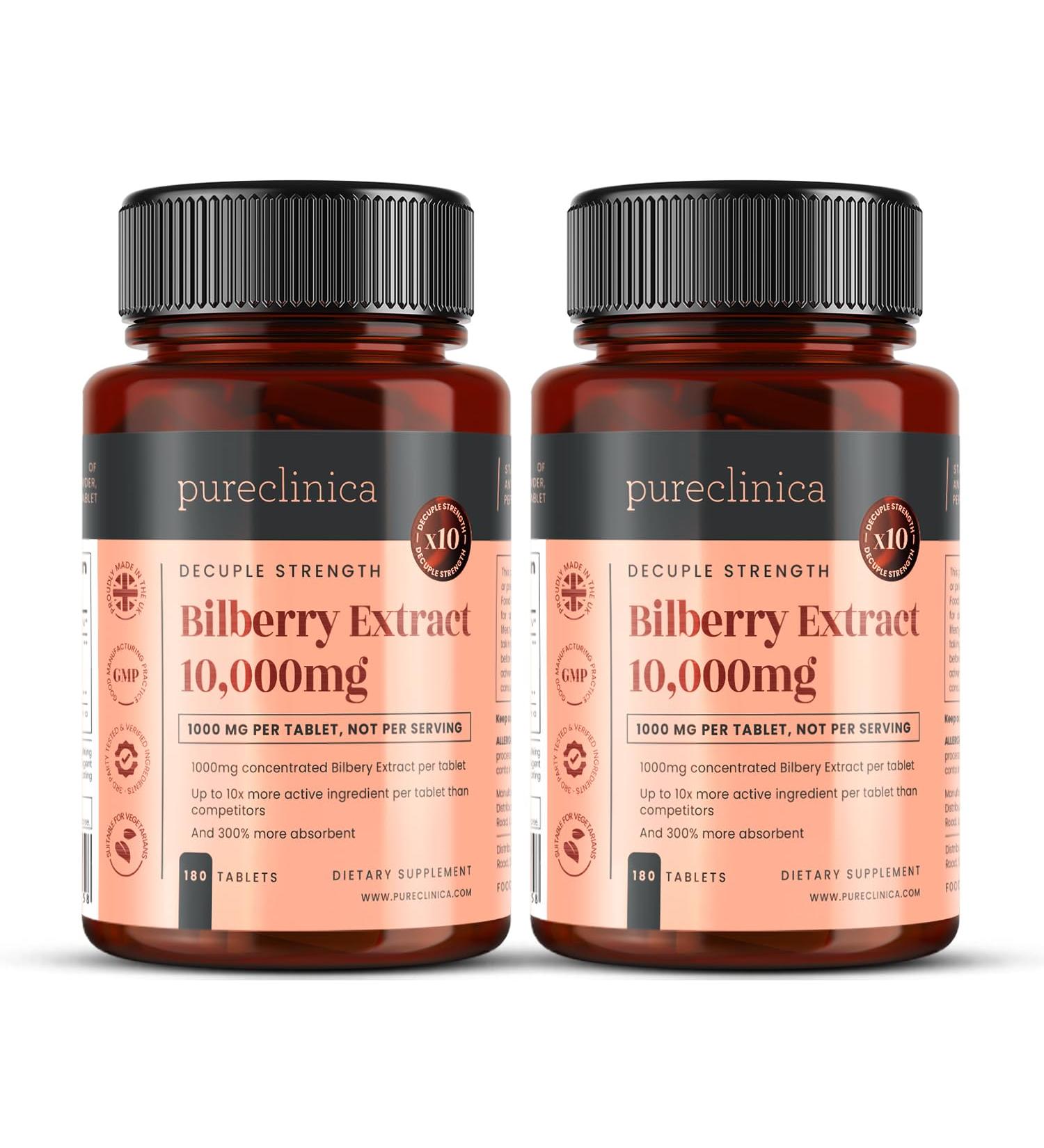 pureclinica Bilberry Extract 10 000mg x 360 Tablets (2 Bottles) - 10 X More Anthocyanidins w/ 5mg Black Pepper Extract - Buy Online on GoSupps.com