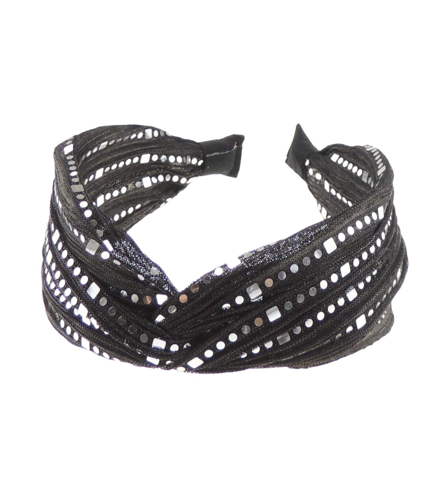 Sparkly Ladies Wide Top Twist Detail Chiffon Covered Headband Alice Band Wide Sequins (Black)