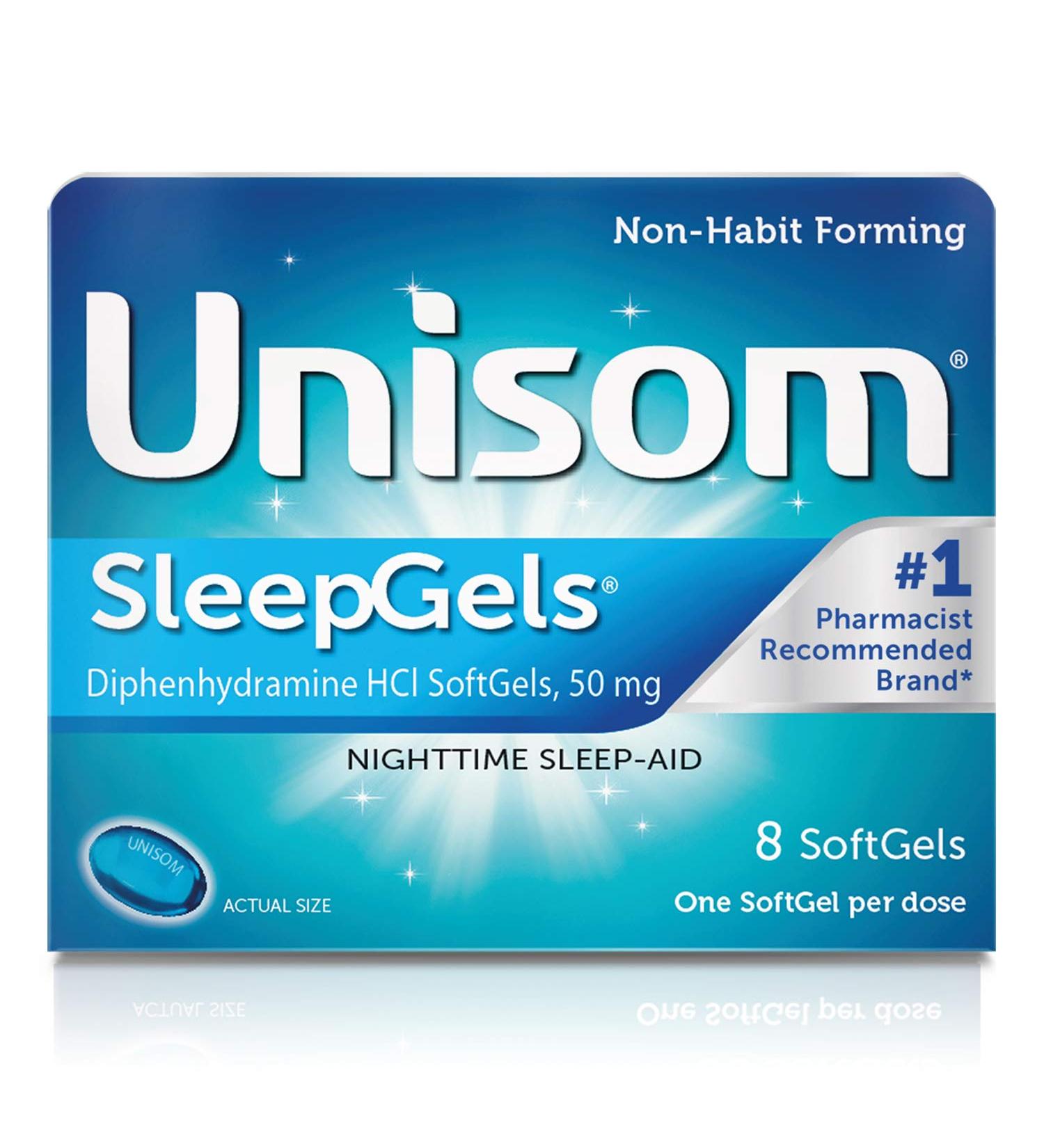 Unisom SleepGels - Effective Nighttime Sleep Aid with Diphenhydramine HCI 50 mg - 8 SoftGels for Better Sleep - Buy Online on GoSupps.com