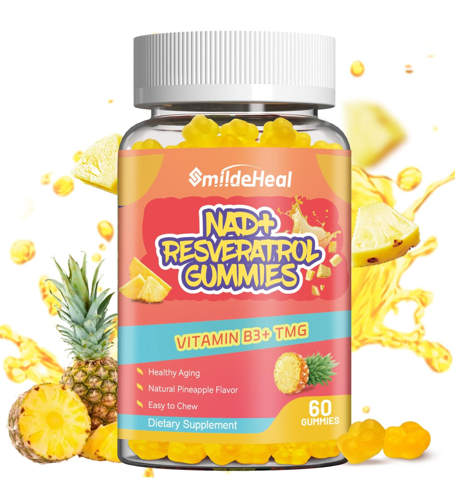 NAD+ Resveratrol Gummies NAD+ Supplement 500mg with Vitamin B3 & TMG Healthy Aging Energy & Cellular Health Support Vegan Friendly Natural Pectin 60 Gummies 30-Day Supply 60 Count (Pack of 1) - Buy Online on GoSupps.com