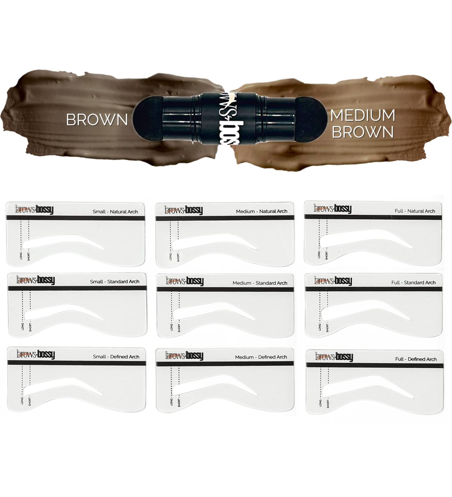 Brows by Bossy Dual-Color Eyebrow Stamp Stencil Kit | 9 Reusable Stencils for Professional Brow Shaping | Waterproof Tint for Instant Long-Lasting Results (Medium Brown/Brown) - Buy Online on GoSupps.com
