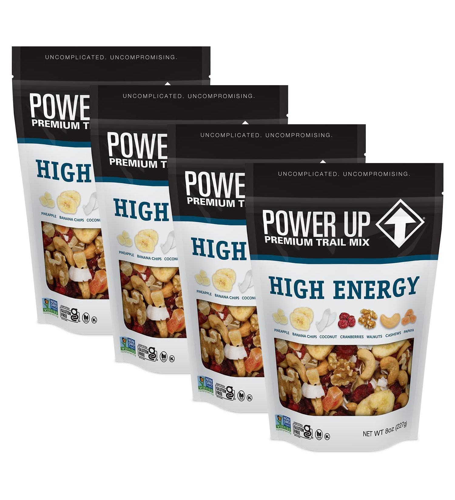Power Up High Energy Trail Mix 8oz Bags - Walnuts, Banana Chips, Cashews, Coconut, Cranberries, Papaya - Keto, Paleo, Vegan, Gluten Free, Non GMO - Pack of 4 - Buy Online on GoSupps.com