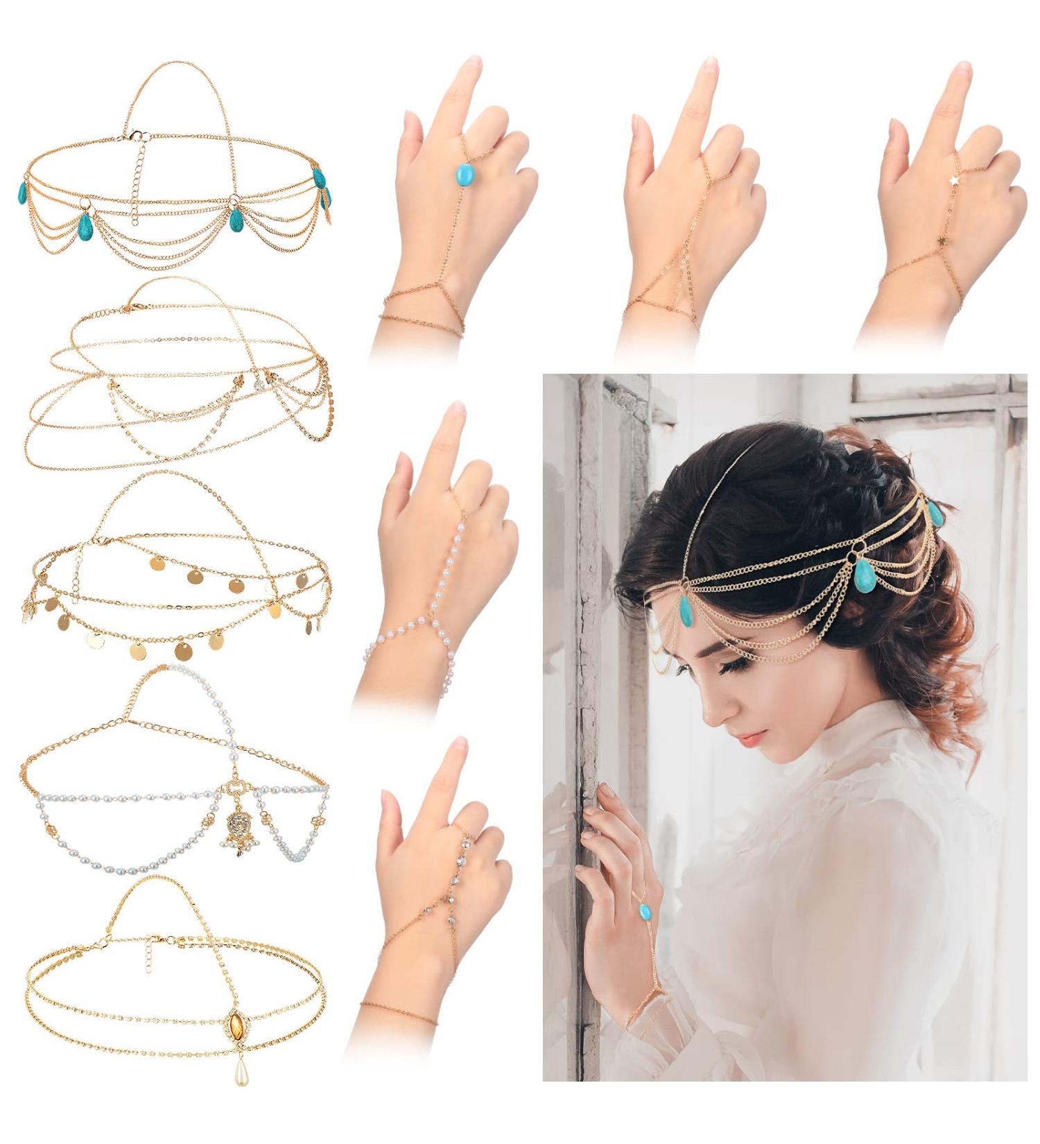 Kenning 10 Pcs Gold Boho Festival Jewelry Set - Hand Chain, Headpiece, Finger Ring, Bracelet, Headband for Women - Buy Online on GoSupps.com