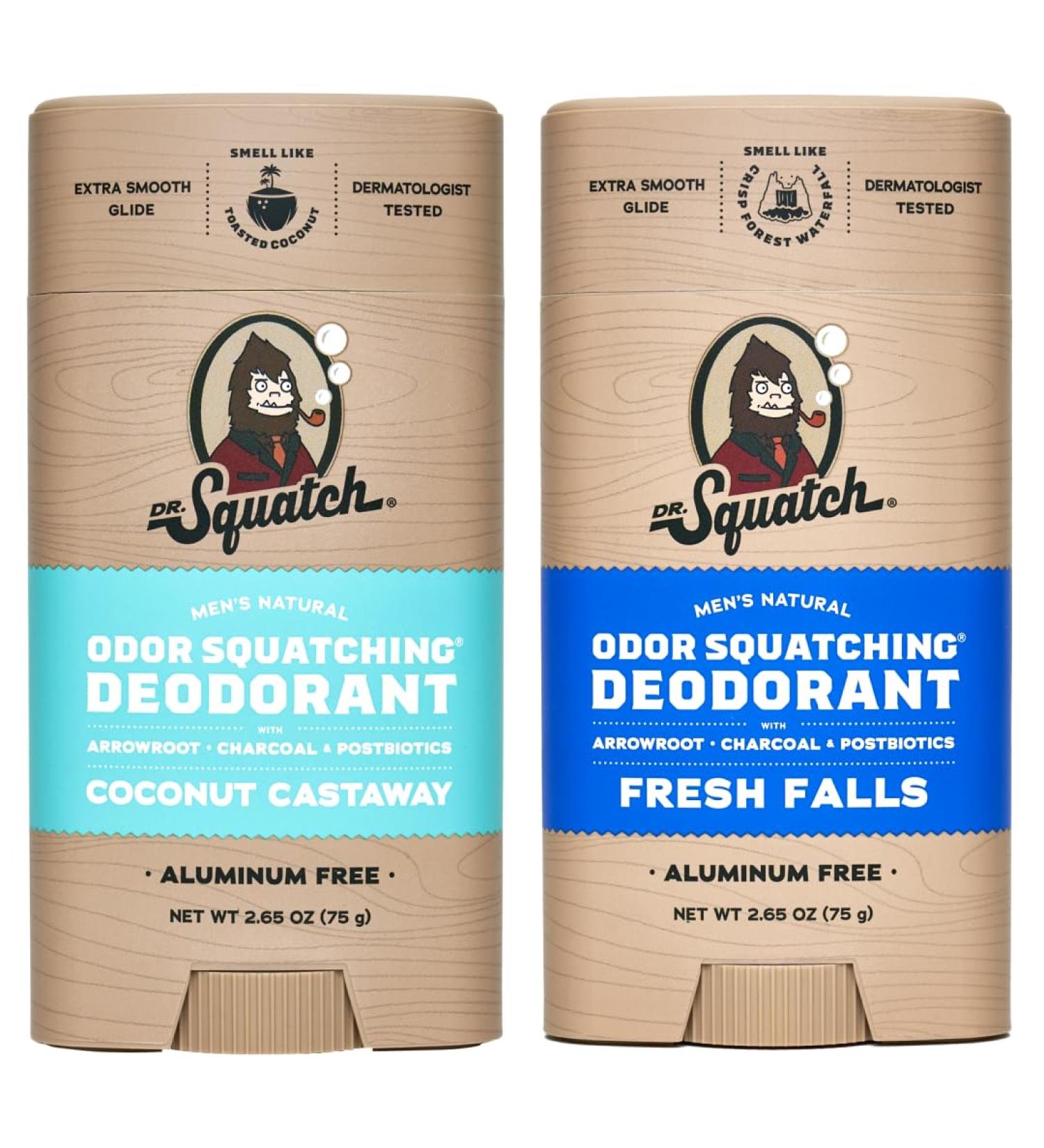 Men's Natural Deodorant - Aluminum-Free | Dr. Squatch - Postbiotics & Charcoal | Coconut Castaway & Fresh Falls (2 Pk) - Fresh Smell Anytime - Buy Online on GoSupps.com