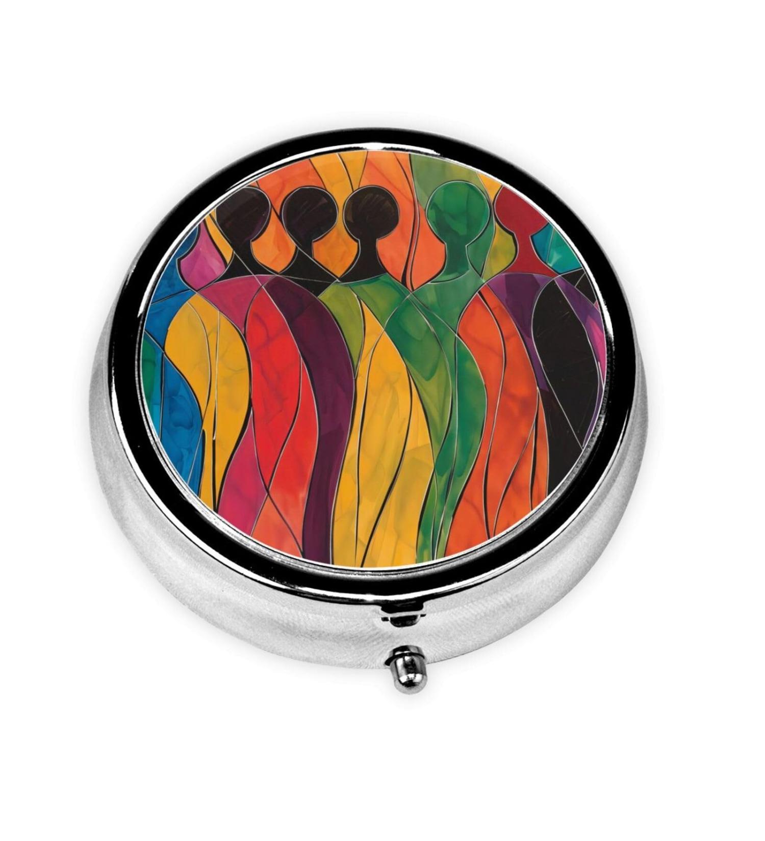 Colorful Human Patterns Portable Metal Pill Box - Round Mini 3-Compartment Design for Small Pills - Must-Have Travel Accessory - Black - Buy Online on GoSupps.com