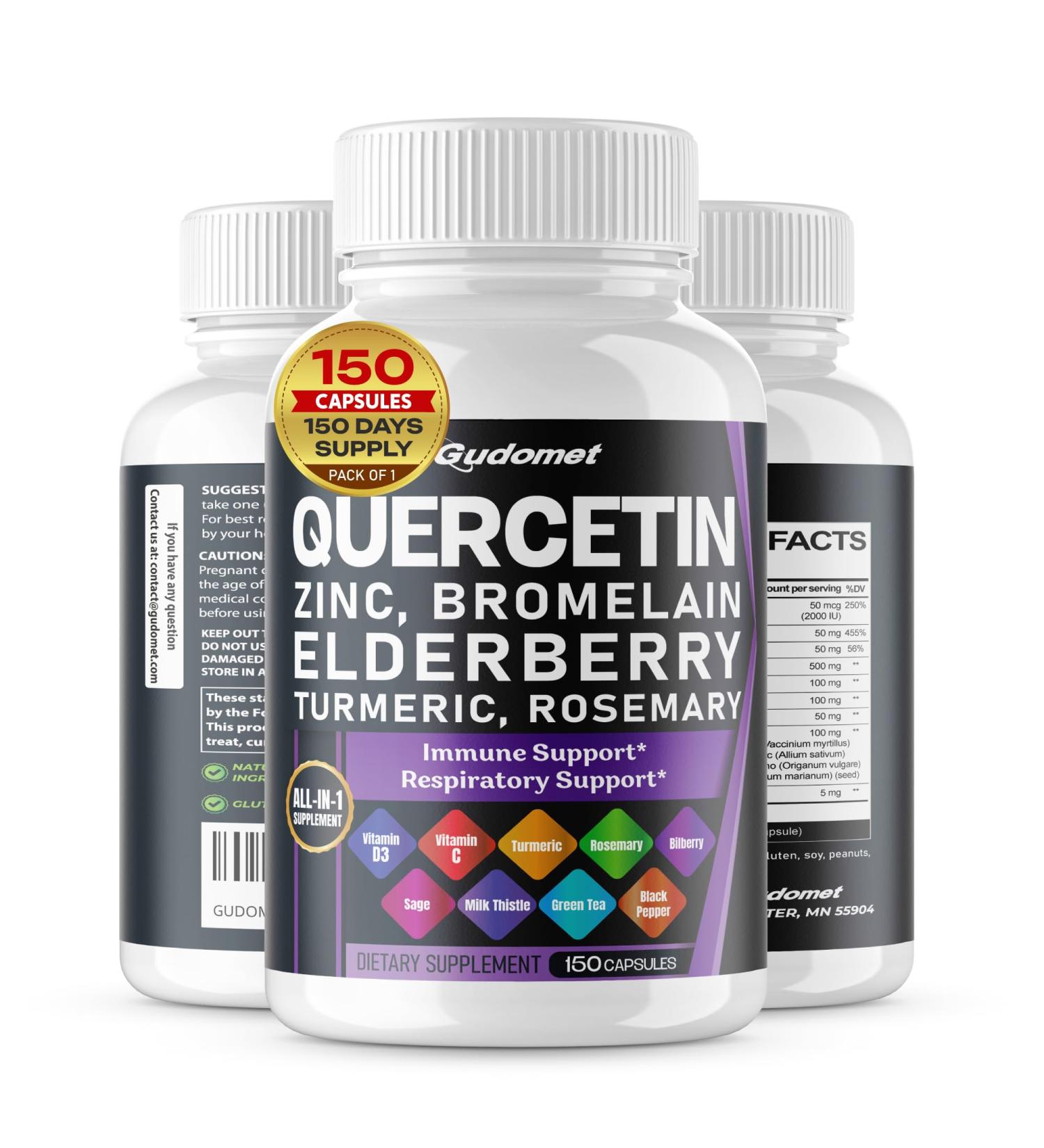 Quercetin Bromelain Zinc Vitamin D3 Elderberry Turmeric Rosemary Bilberry Sage Odorless Garlic Green Tea Milk Thistle Oregano -150 Capsules 150 count (pack of 1) - Buy Online on GoSupps.com