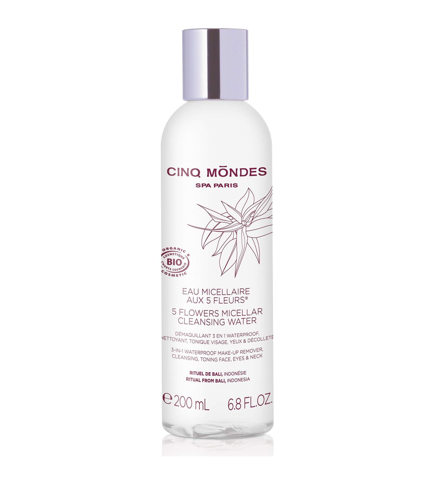 Cinq Mondes Five Flowers Micellar Cleansing Water 6.8 Fl.oz.- French-Crafted Organic Waterproof Eye Makeup Remover - Natural Balinese Flower Extracts - Cleanse And Tone The Skin
