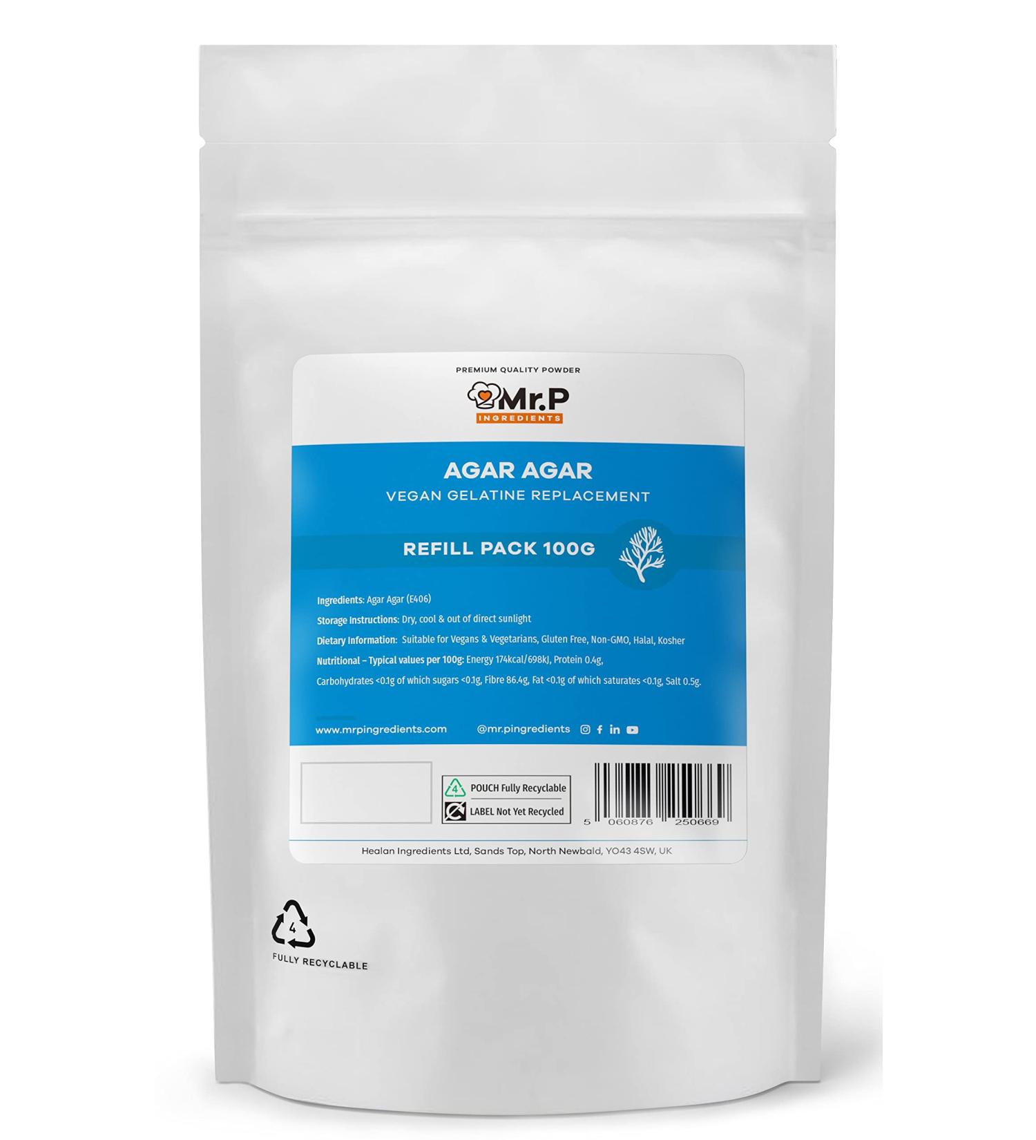 Mr.P Ingredients Agar Agar 100g Powder - Vegan Gelatine Replacement for Jelly, Mousse & Molecular Gastronomy | Gelling Agent - Vegan, Vegetarian, Halal, Kosher, Non-GMO | Resealable Pouch - Buy Online on GoSupps.com